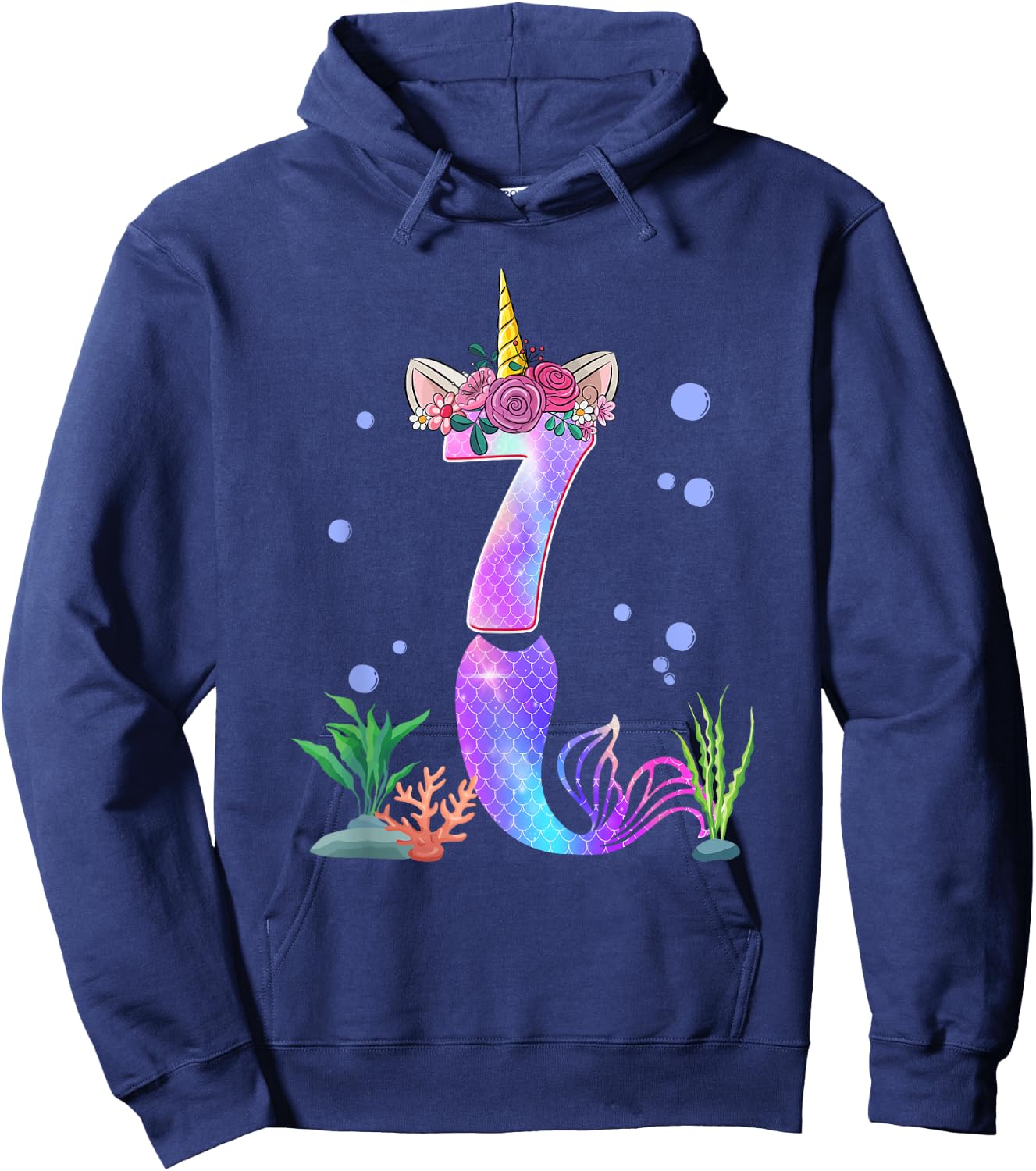 7 Year Old Unicorn Mermaid 7th Birthday Theme Tail Girl Hoodie - Hoodie | Navy