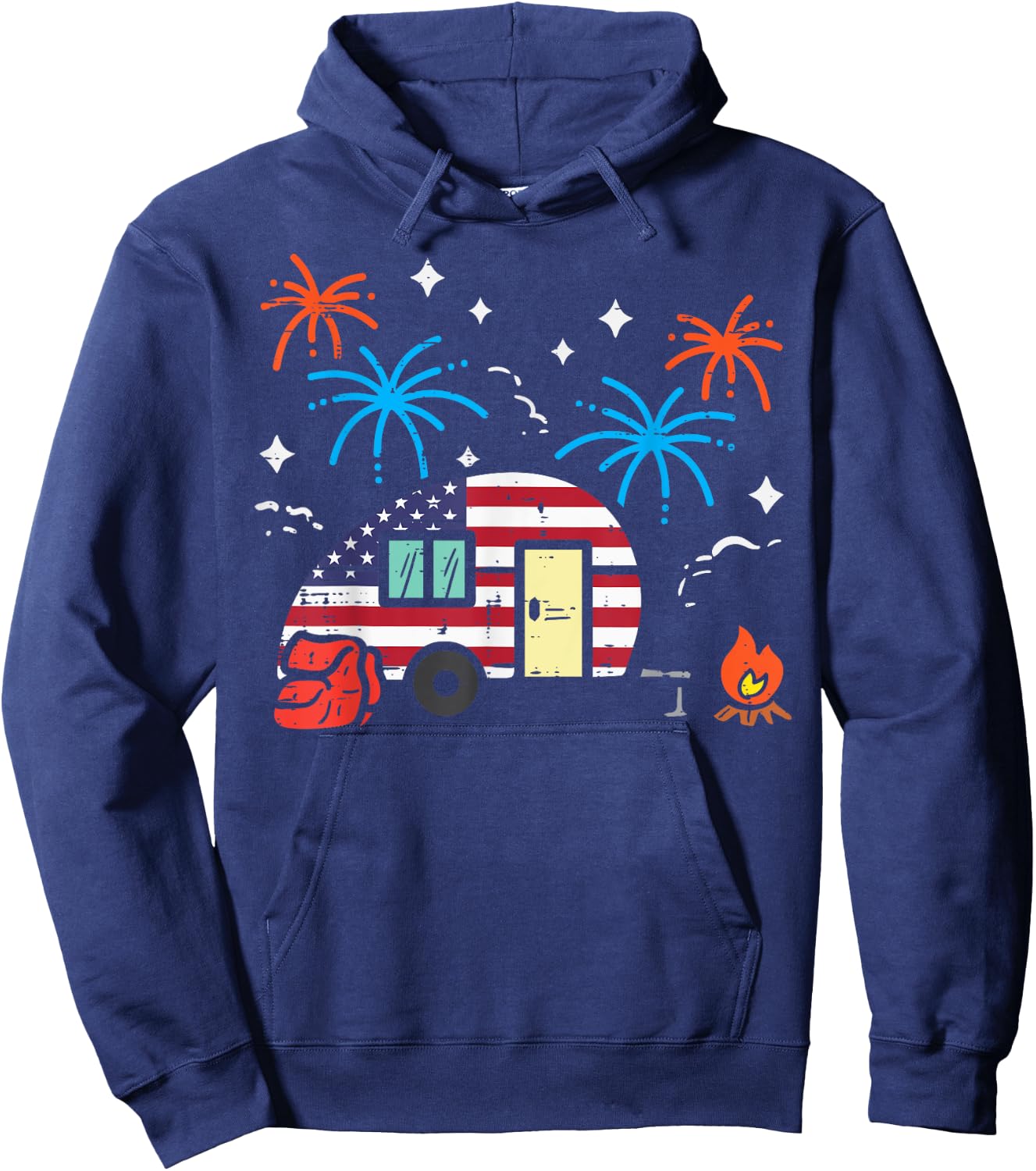 Camping Trailer US Flag Patriotic RV Camper Men Women Kids Hoodie - Hoodie | Navy