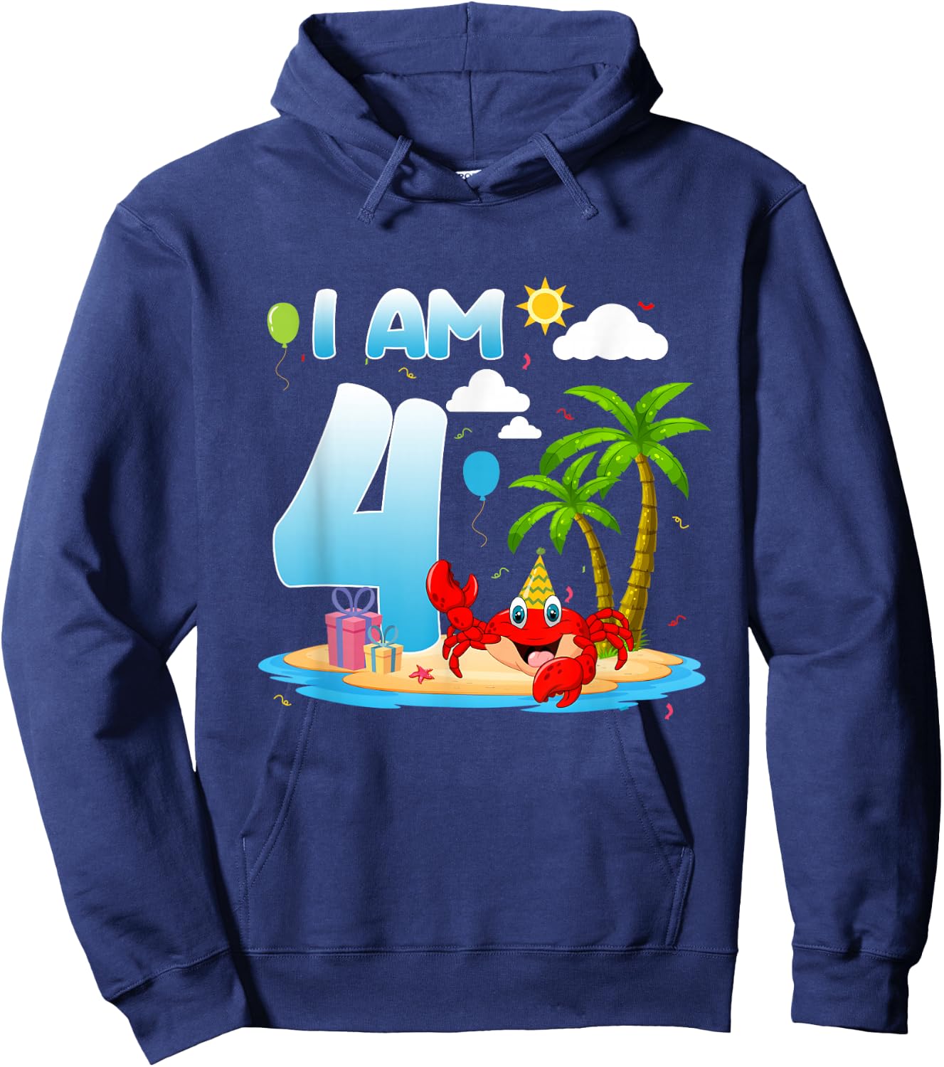 4th Birthday Crab Summer Beach 4 Year Old Bday Party Kids Hoodie - Hoodie | Navy