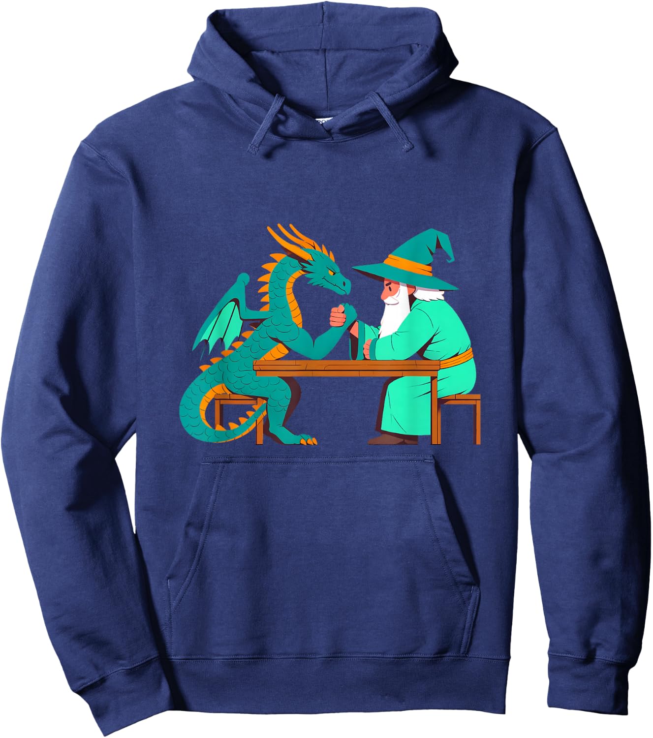 Vintage Funny Dragon And Wizard Fantasy Arm Wrestling Myth Hoodie - Hoodie | Navy