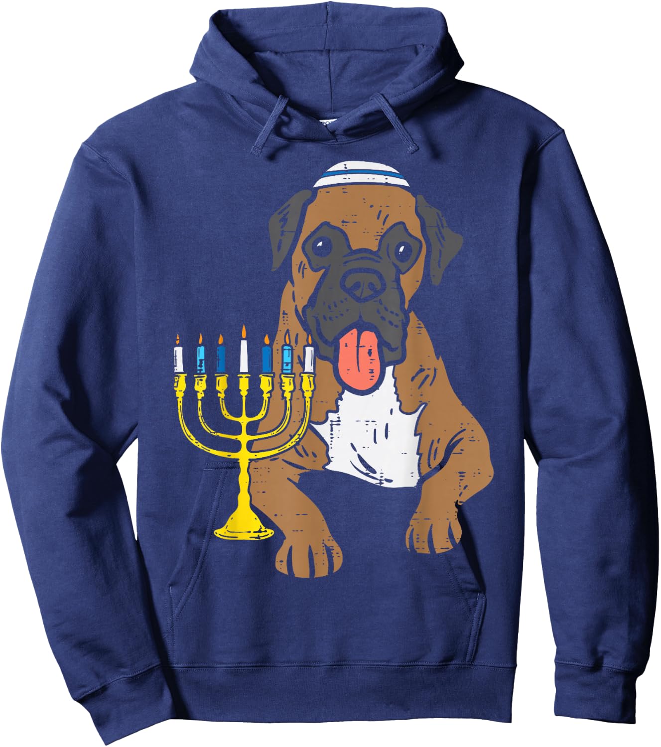 Jewish Boxer Dog Menorah Hanukkah Pajamas Chanukah PJs Hoodie - Hoodie | Navy