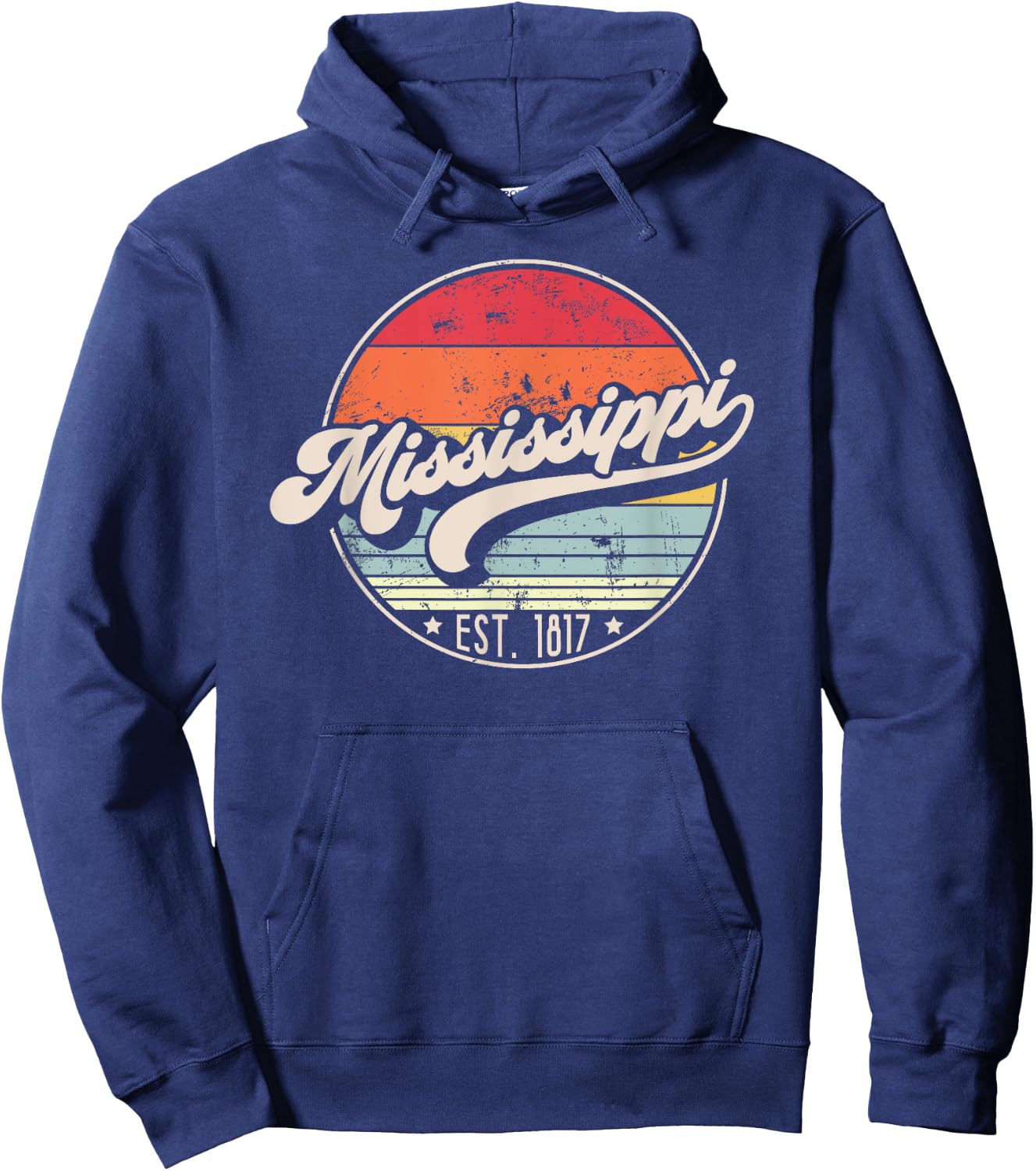 Retro Mississippi Home State MS Cool 70s Style Sunset Hoodie - Hoodie | Navy