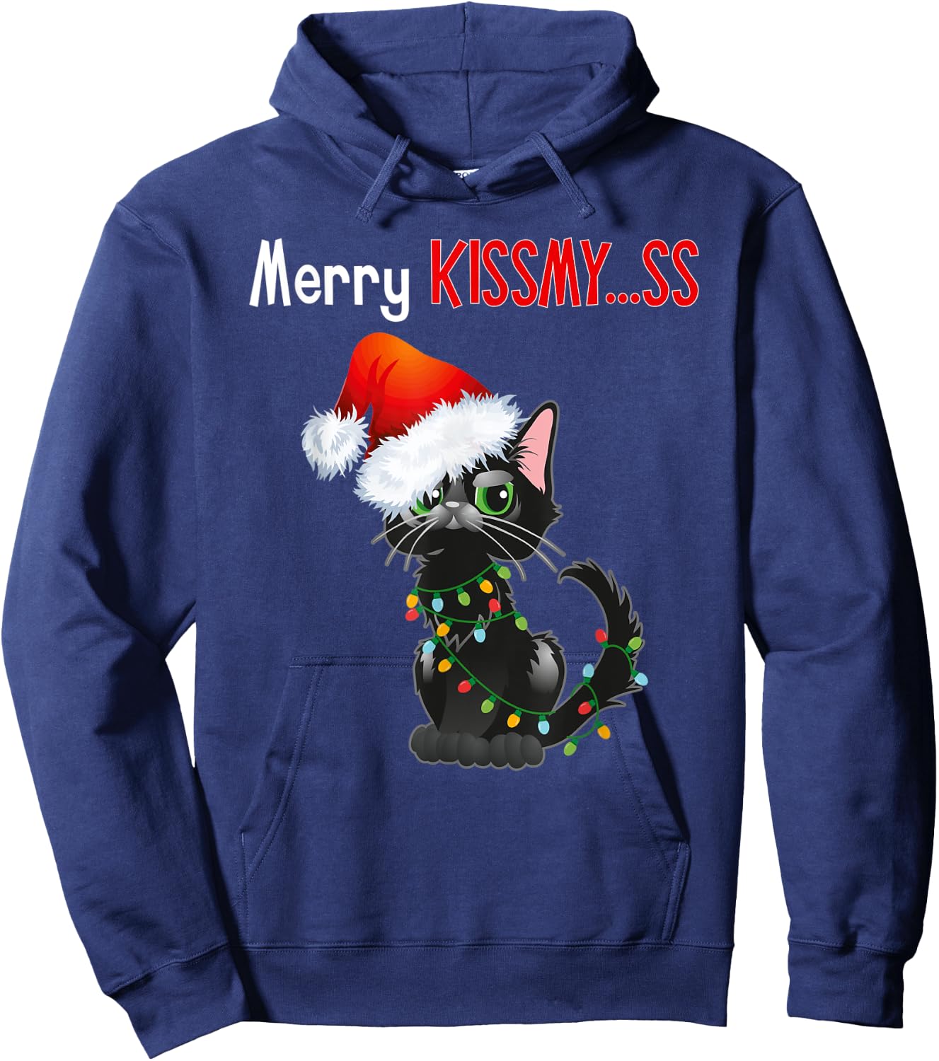 Merry Kissmy..ss Black Cat Christmas Lights Cat In Santa Hat Hoodie - Hoodie | Navy
