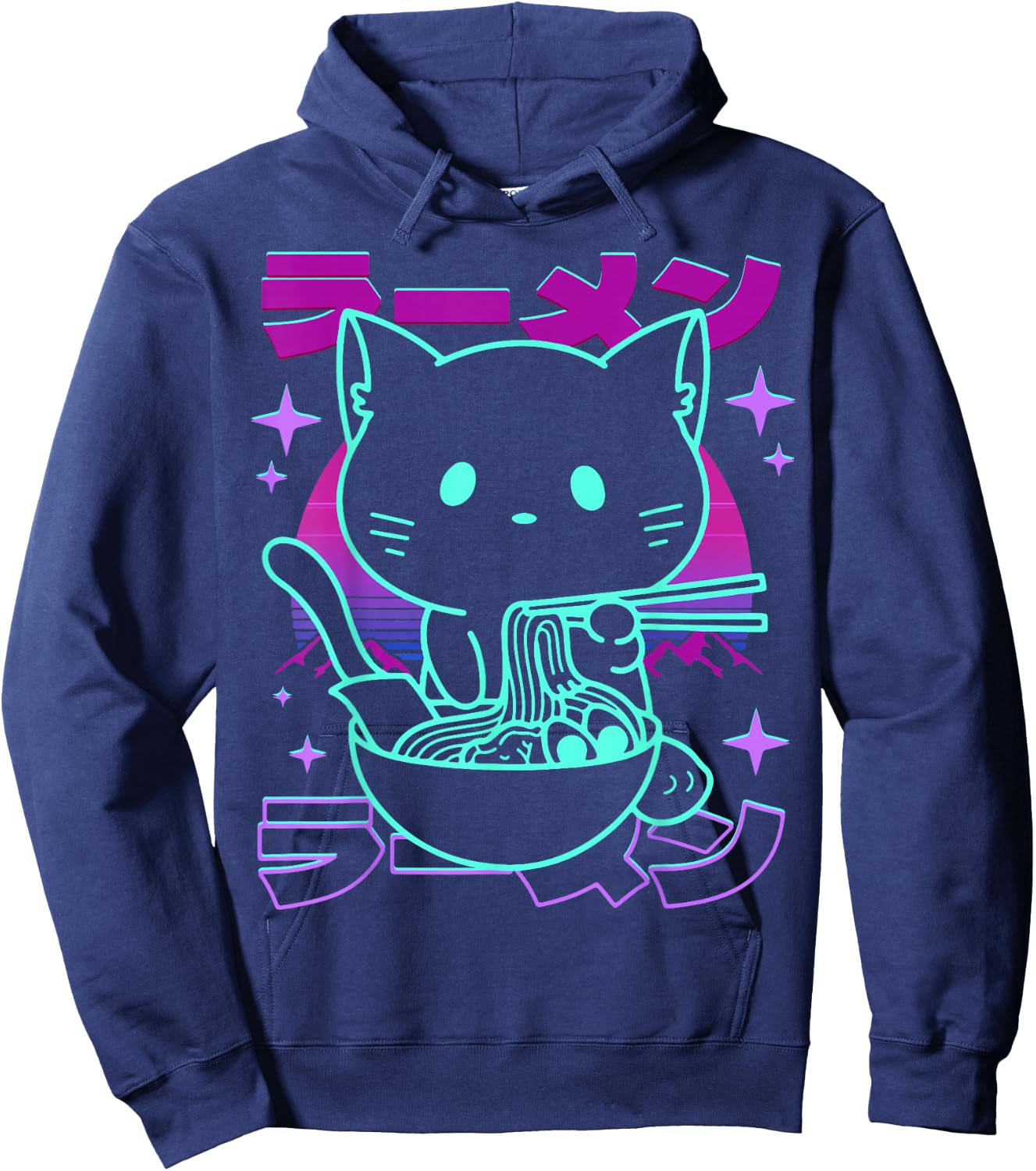 Anime Ramen Cat Retro Japanese Noodles Aesthetic Kawaii Cat , black Hoodie - Hoodie | Navy