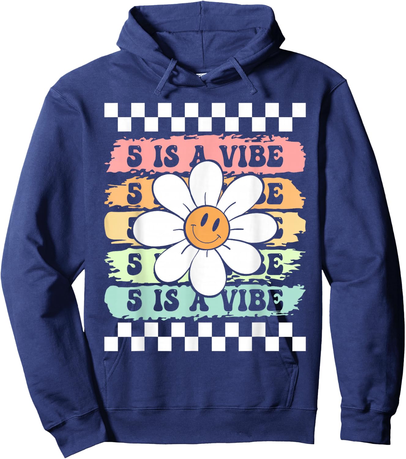 Five Is A Vibe Cute Groovy 5th Birthday Party Daisy Flower Hoodie - Hoodie | Navy