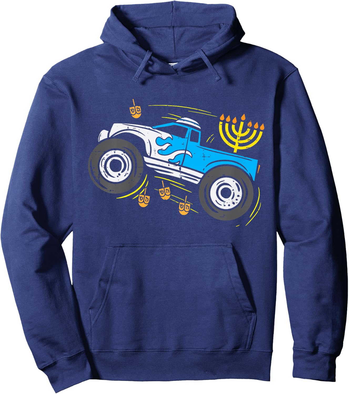 Kids Monster Truck Menorah Dreidel Toddler Boys Hanukkah Kids Hoodie - Hoodie | Navy
