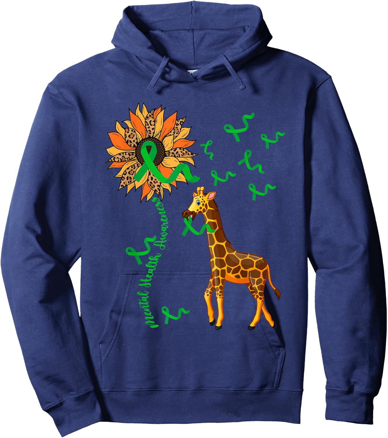 Mental Health Awareness Giraffe Holding Green Ribbons Lover Hoodie - Hoodie | Navy