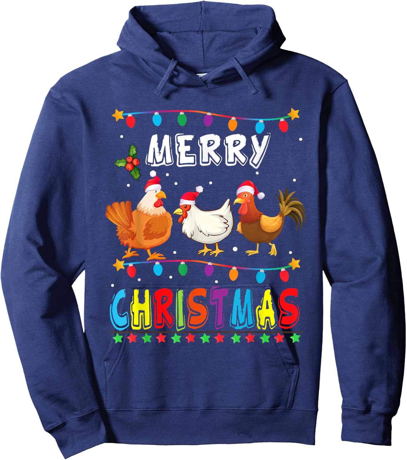 Merry Christmas Chicken Shirt Santa Hat Lights Xmas Funny Hoodie - Hoodie | Navy