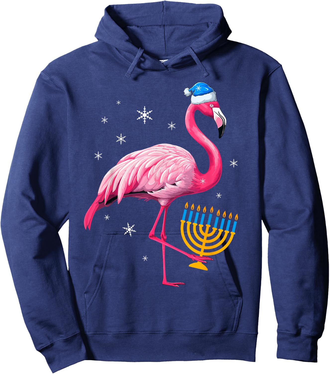 Jewish Santa Pink Flamingo Menorah Hanukkah Merry Christmas Hoodie - Hoodie | Navy