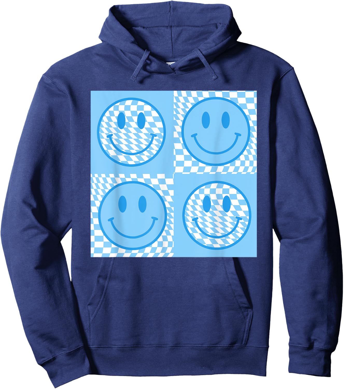 Checkered Pattern Smile Face Meme Blue Happy Face Colorful Hoodie - Hoodie | Navy