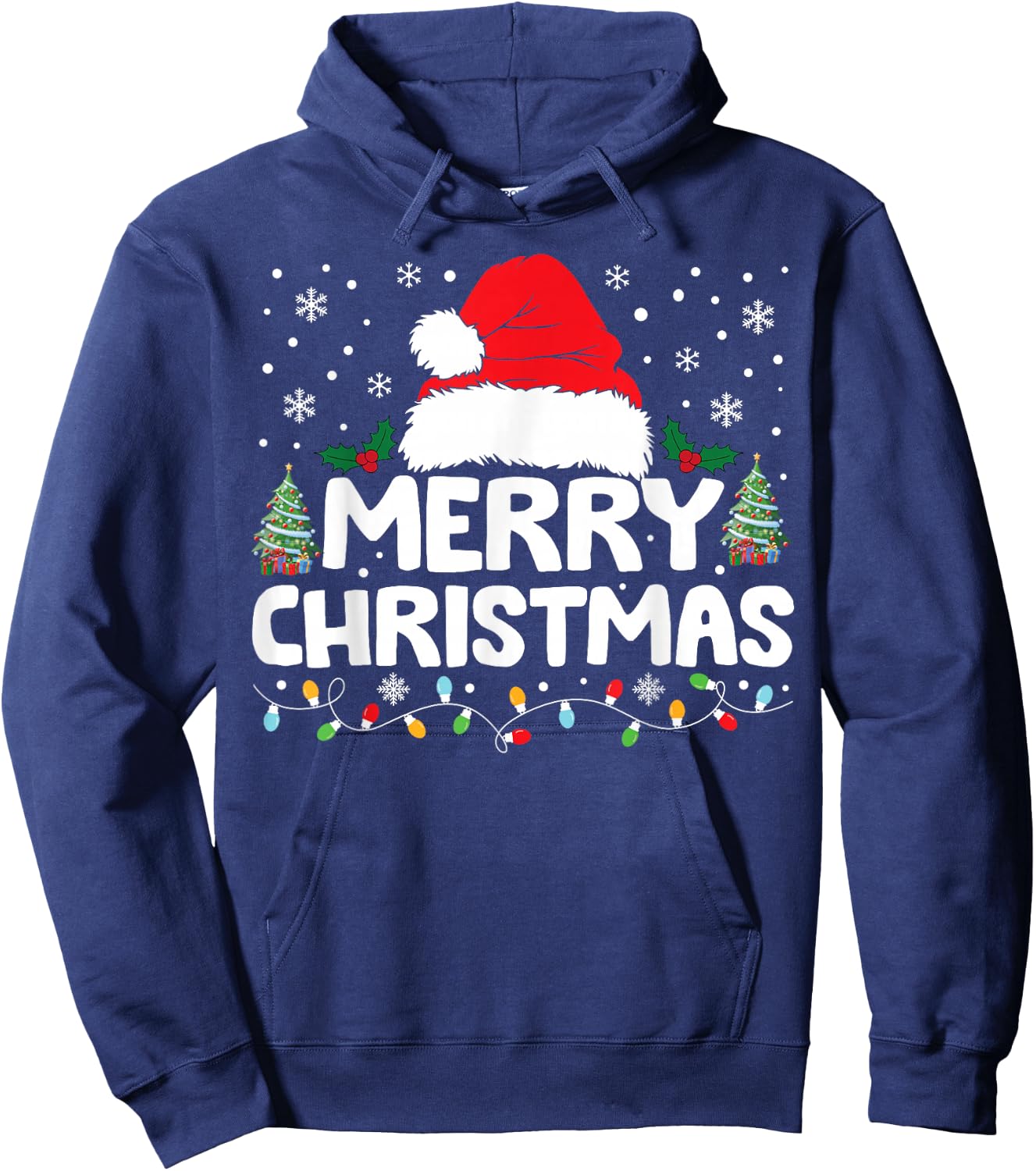 Merry Christmas Lights Red Santa Hat Xmas Family Men Women Hoodie - Hoodie | Navy