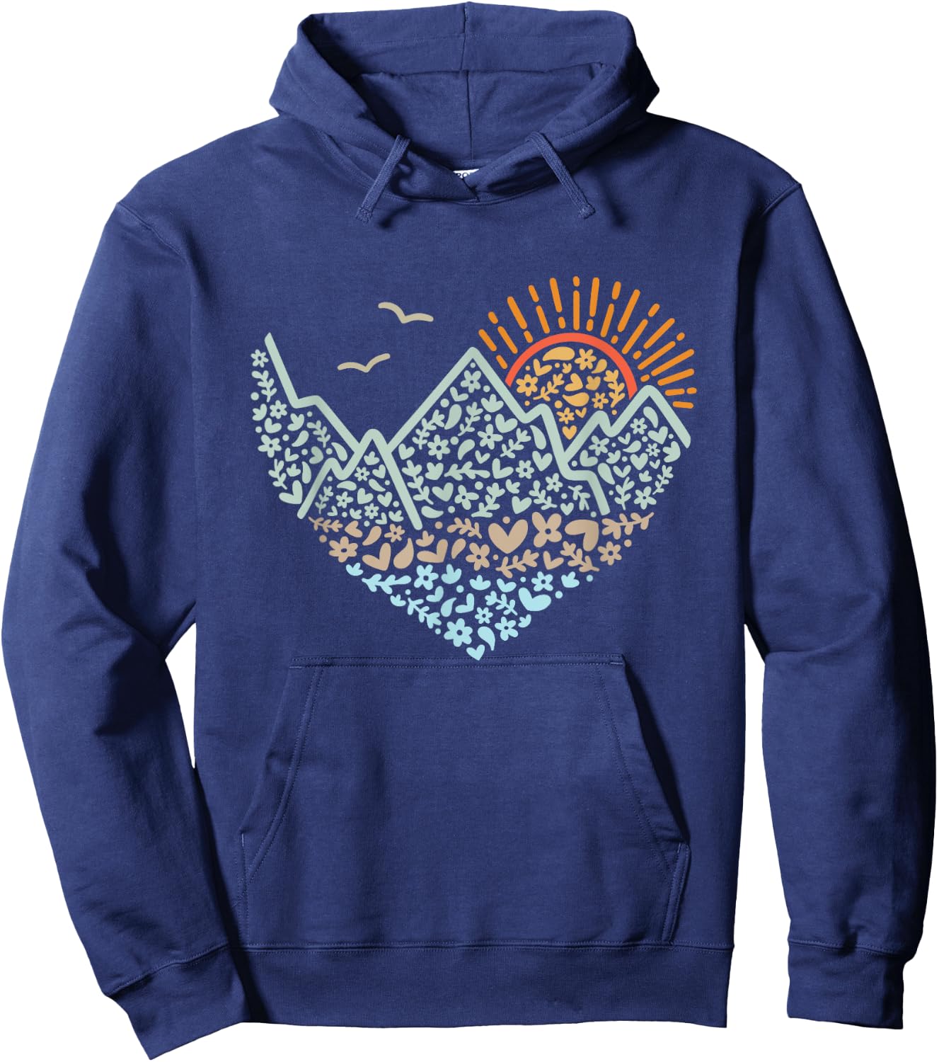 Mountain Heart Floral Sunshine hiking scene design Hoodie - Hoodie | Navy