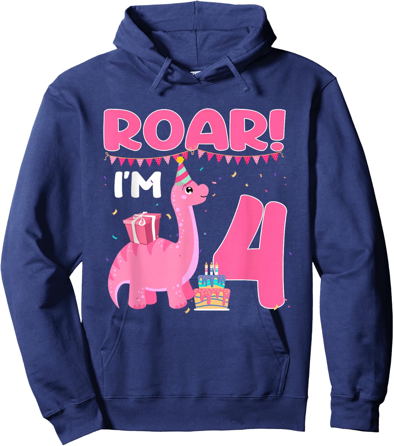 Roar I'm 4 Year Old Dinosaur Girl 4th Birthday Party Hoodie - Hoodie | Navy