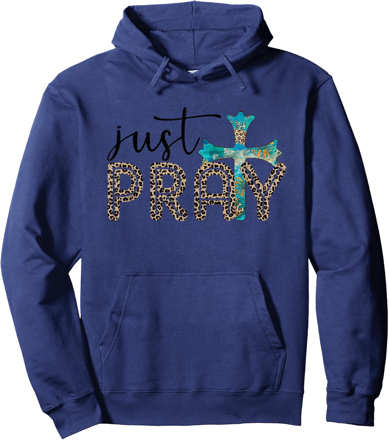 Just Pray Leopard Print Spiritual Faith Cross Hoodie - Hoodie | Navy