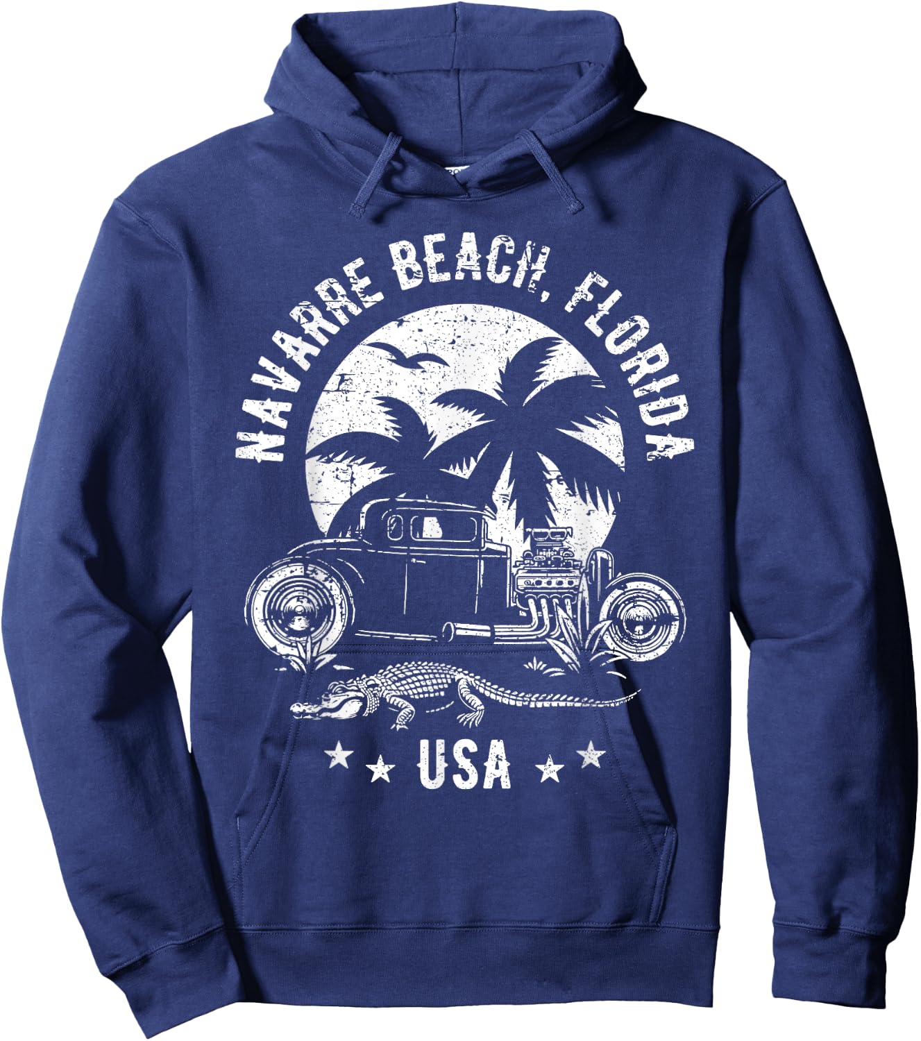 Navarre Beach Florida Sunset Hotrod Distressed Design Hoodie - Hoodie | Navy