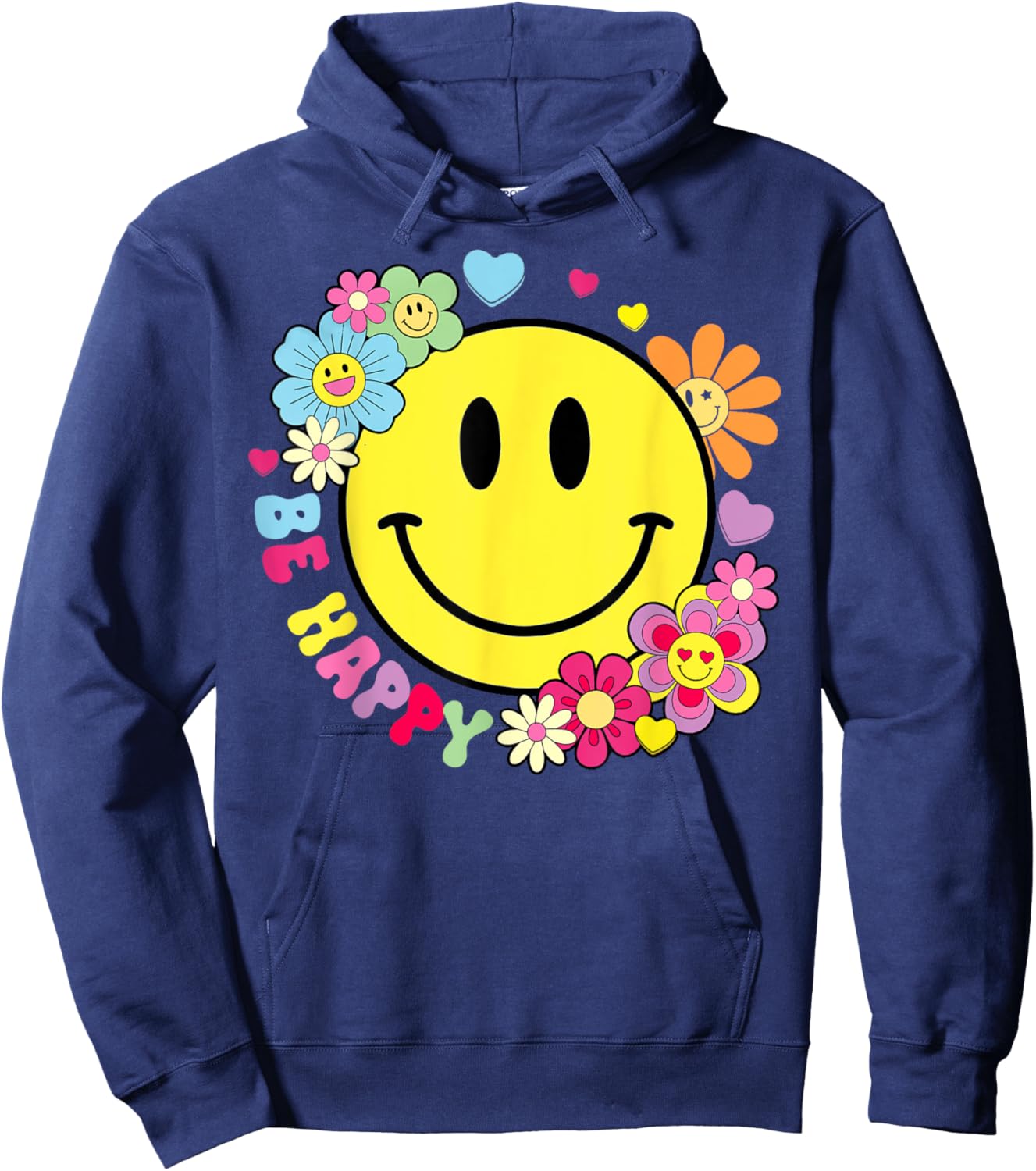 Be Happy Yellow Smile Face Hippie Smiling Face Groovy Retro Hoodie - Hoodie | Navy