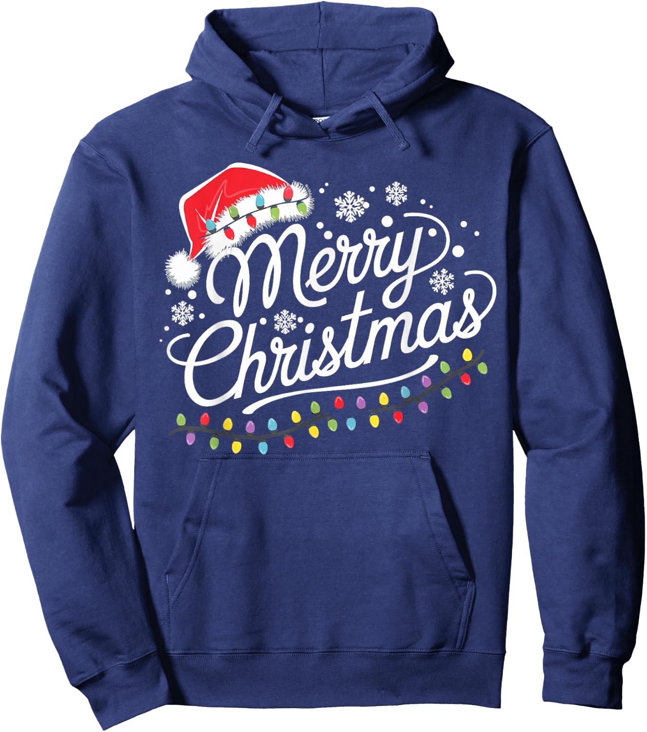 Merry Christmas Lights Red Santa Hat Xmas Family Men Women Hoodie - Hoodie | Navy