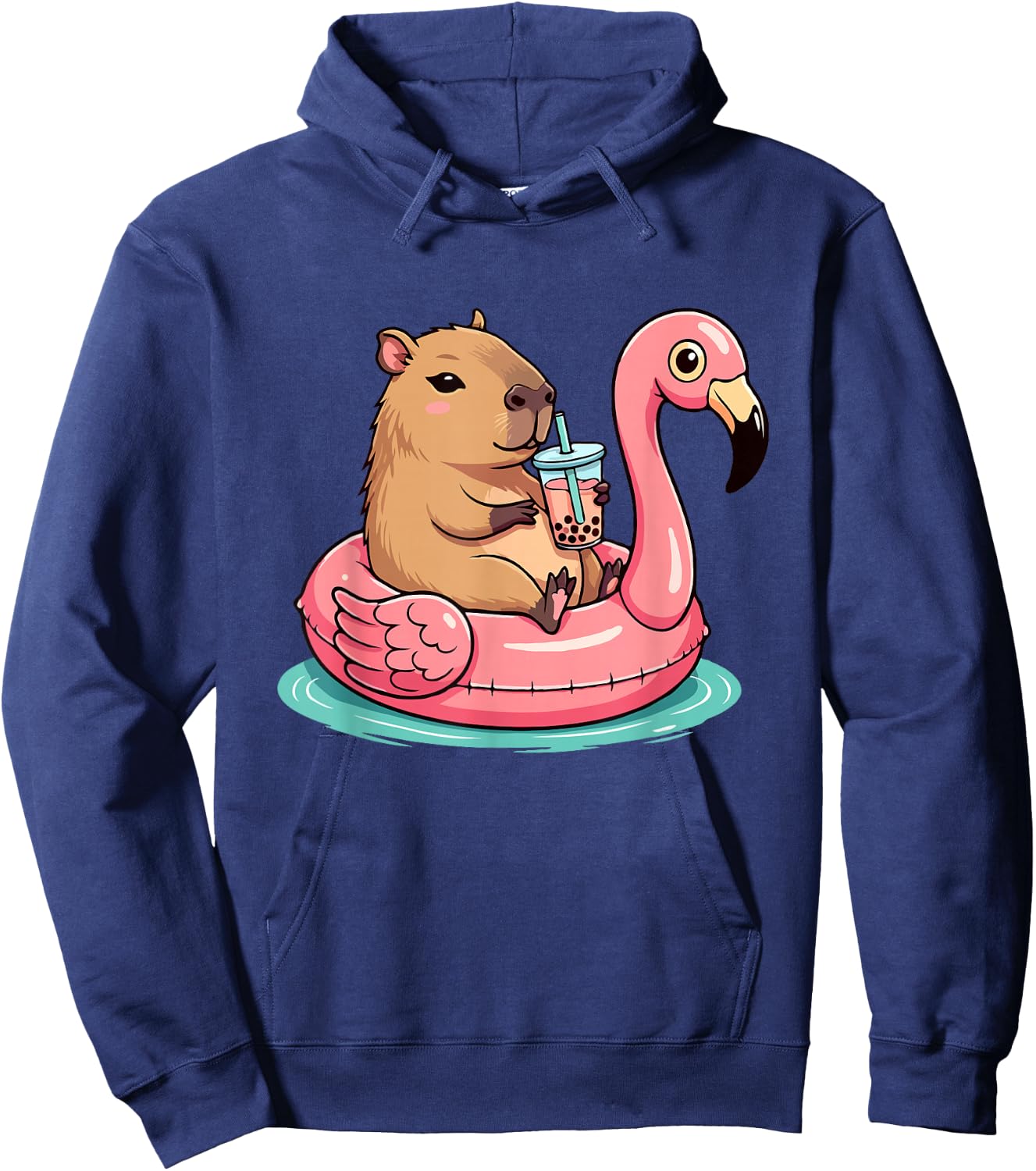Cute Capybara On Flamingo Pool Float Drinking Bubble Tea Hoodie - Hoodie | Navy