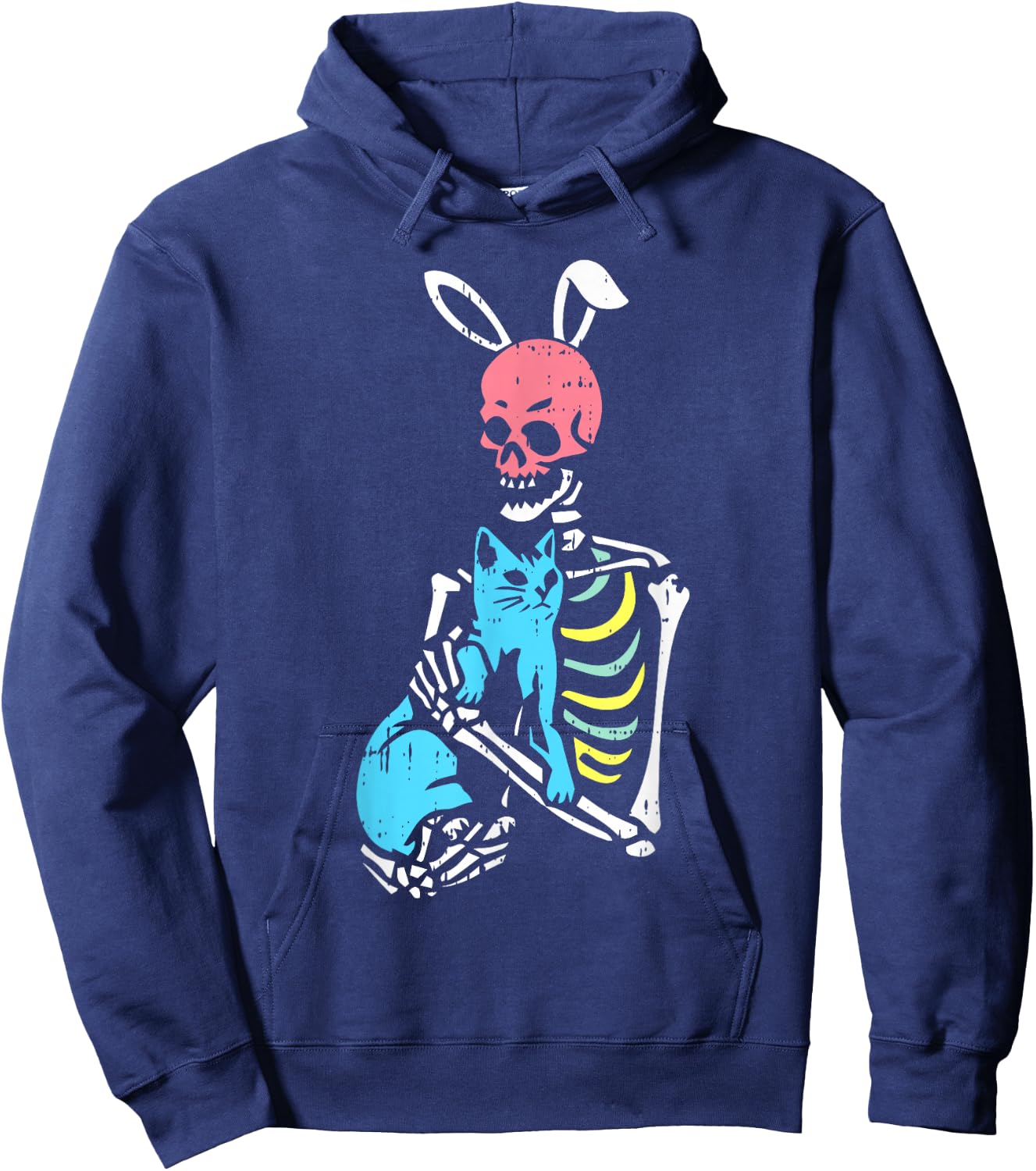 Skeleton Hug Cat Easter Bunny Ears Spring Men Women Kids Hoodie - Hoodie | Navy