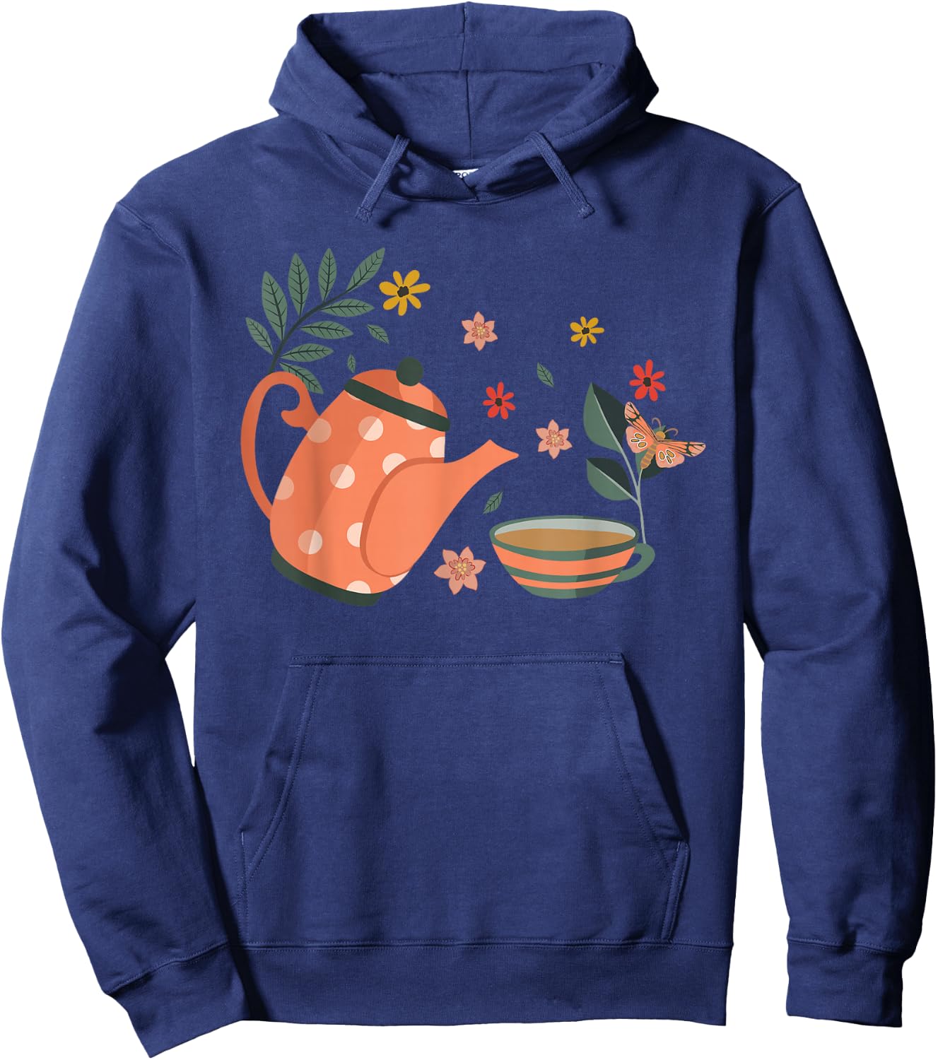Elegant Tea Time Teapot Floral Wreath Hoodie - Hoodie | Navy