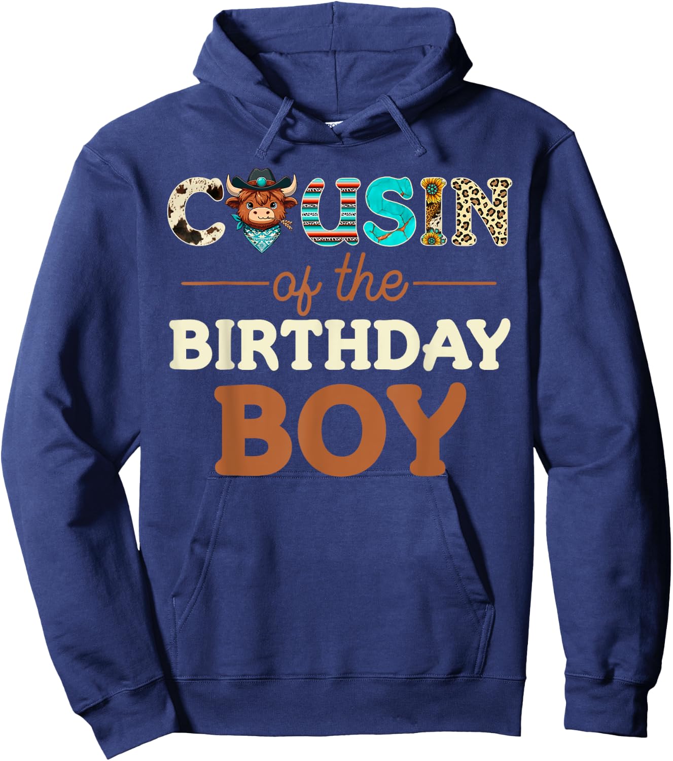 Cousin of The Birthday Boy Highland Cow Print First Bday Hoodie - Hoodie | Navy