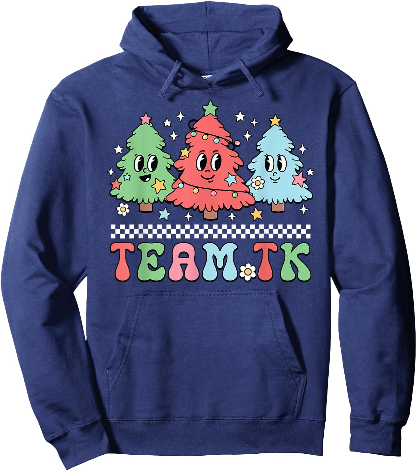 Team TK Teacher Christmas Sweater Retro Xmas Tree Smile Face Hoodie - Hoodie | Navy