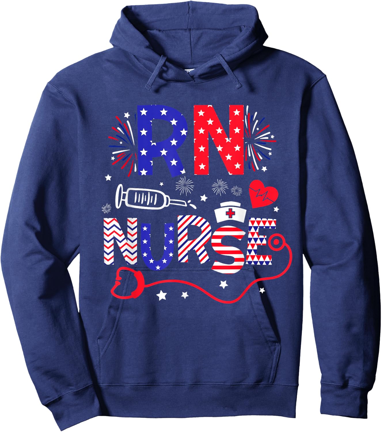 RN Nurse 4th Of July Patriotic American Flag Stethoscope Hoodie - Hoodie | Navy