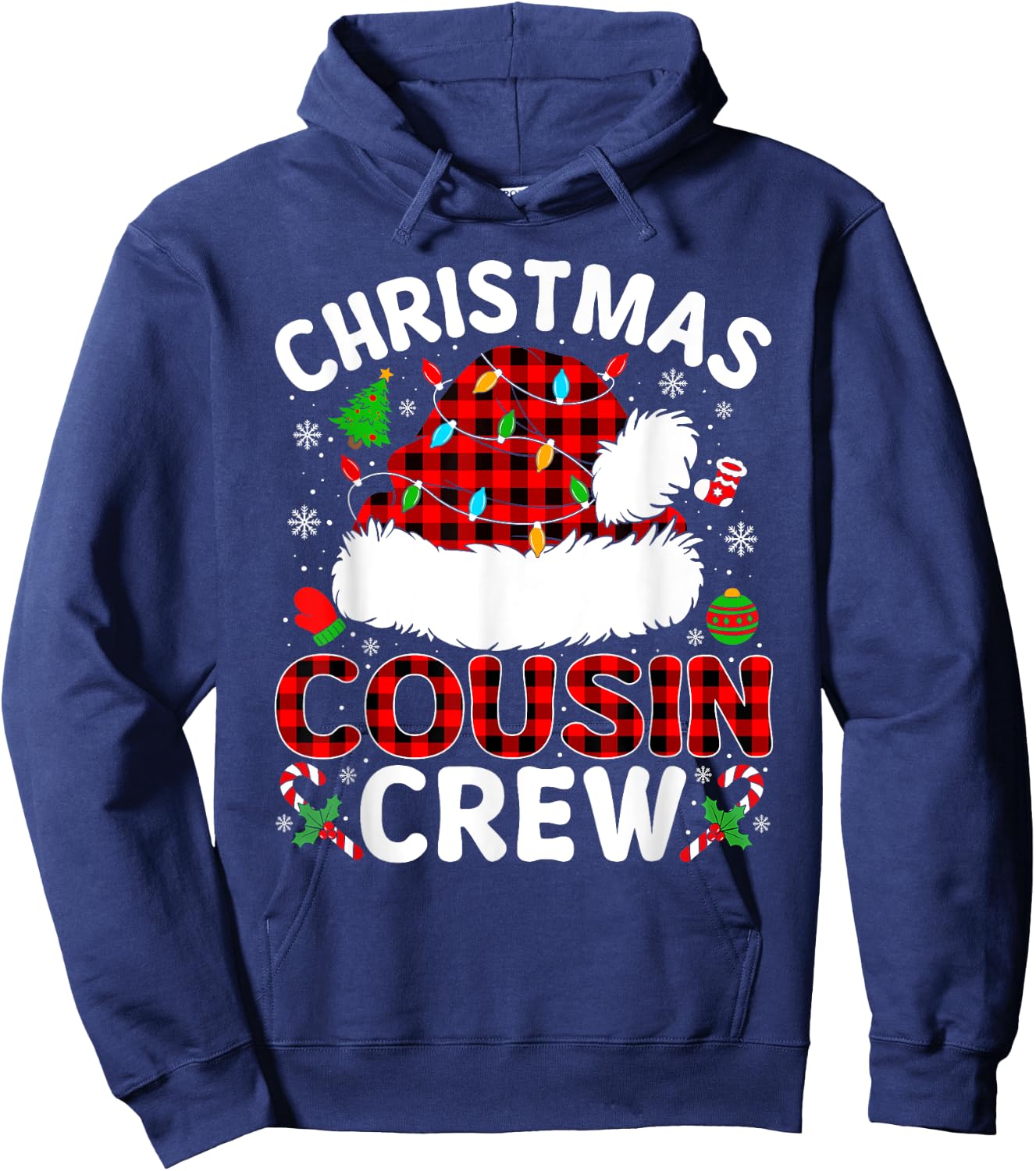 Christmas Cousin Crew Buffalo Plaid Santa Hat Xmas Pajamas Hoodie - Hoodie | Navy
