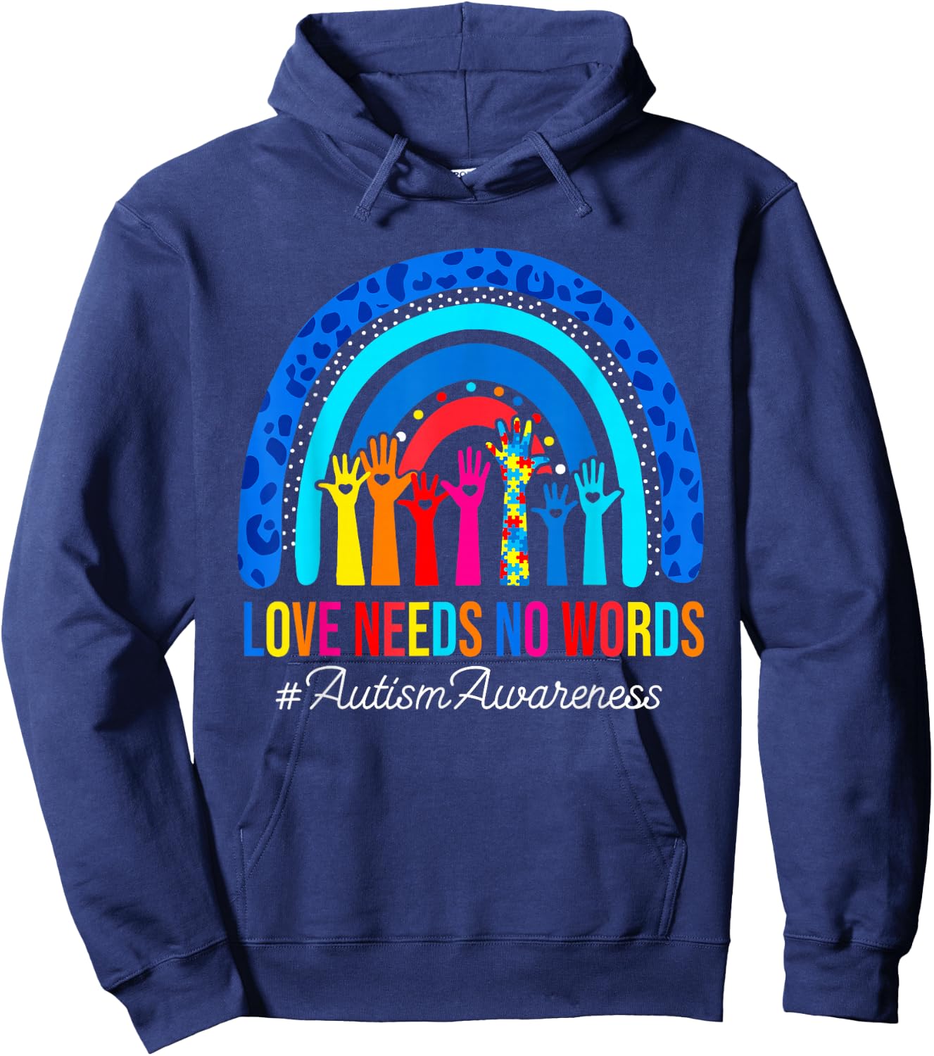 Love Needs No Words Autism Awareness Leopard Rainbow Teacher Hoodie - Hoodie | Navy
