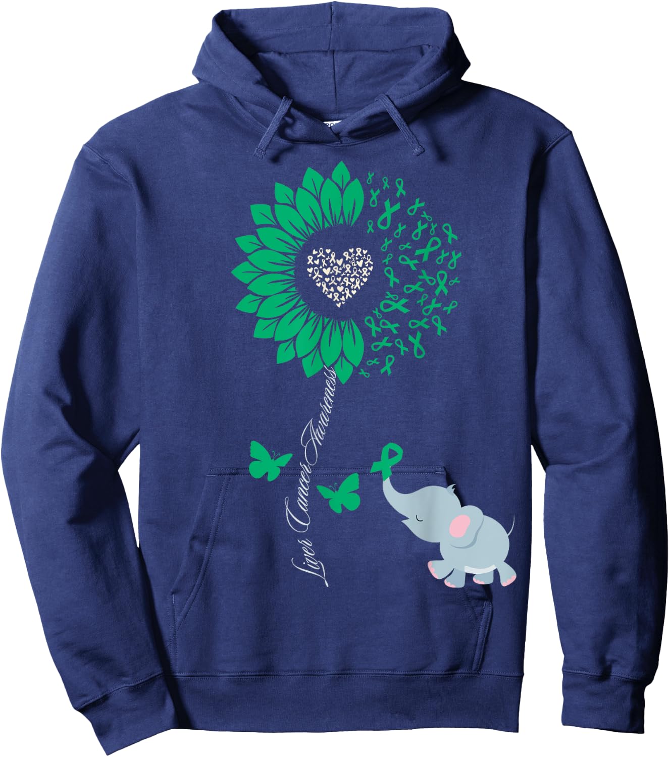 Liver Cancer Awareness Sunflower Elephant Butterfly Green Hoodie - Hoodie | Navy