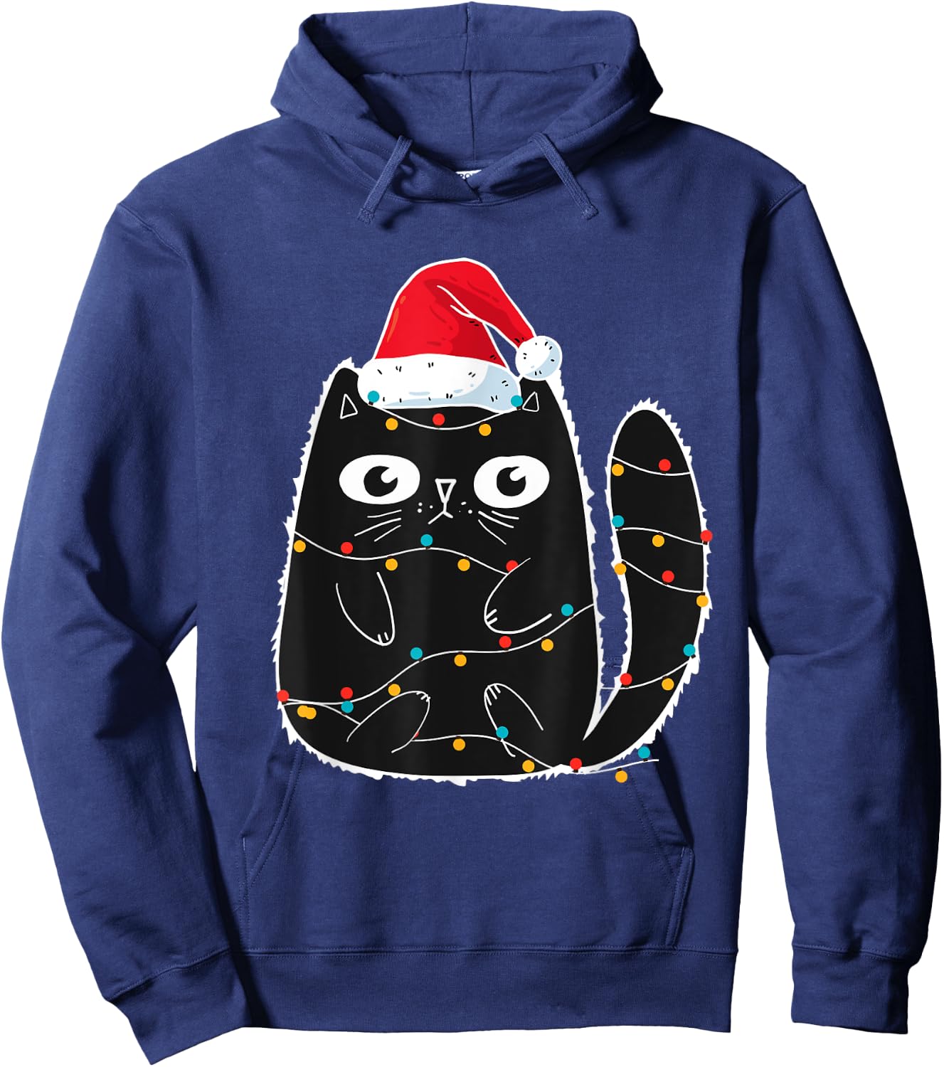 Cute Black Cat Santa Christmas Lights Meow Kitty Kitten Xmas Women Kids Hoodie - Hoodie | Navy