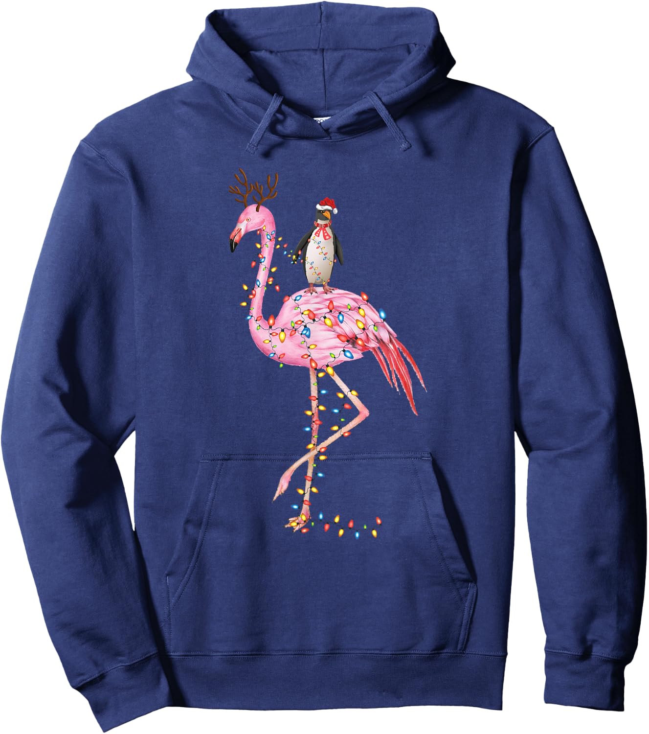 Holiday Xmas Lighting Penguin Riding Flamingo Christmas Hoodie - Hoodie | Navy