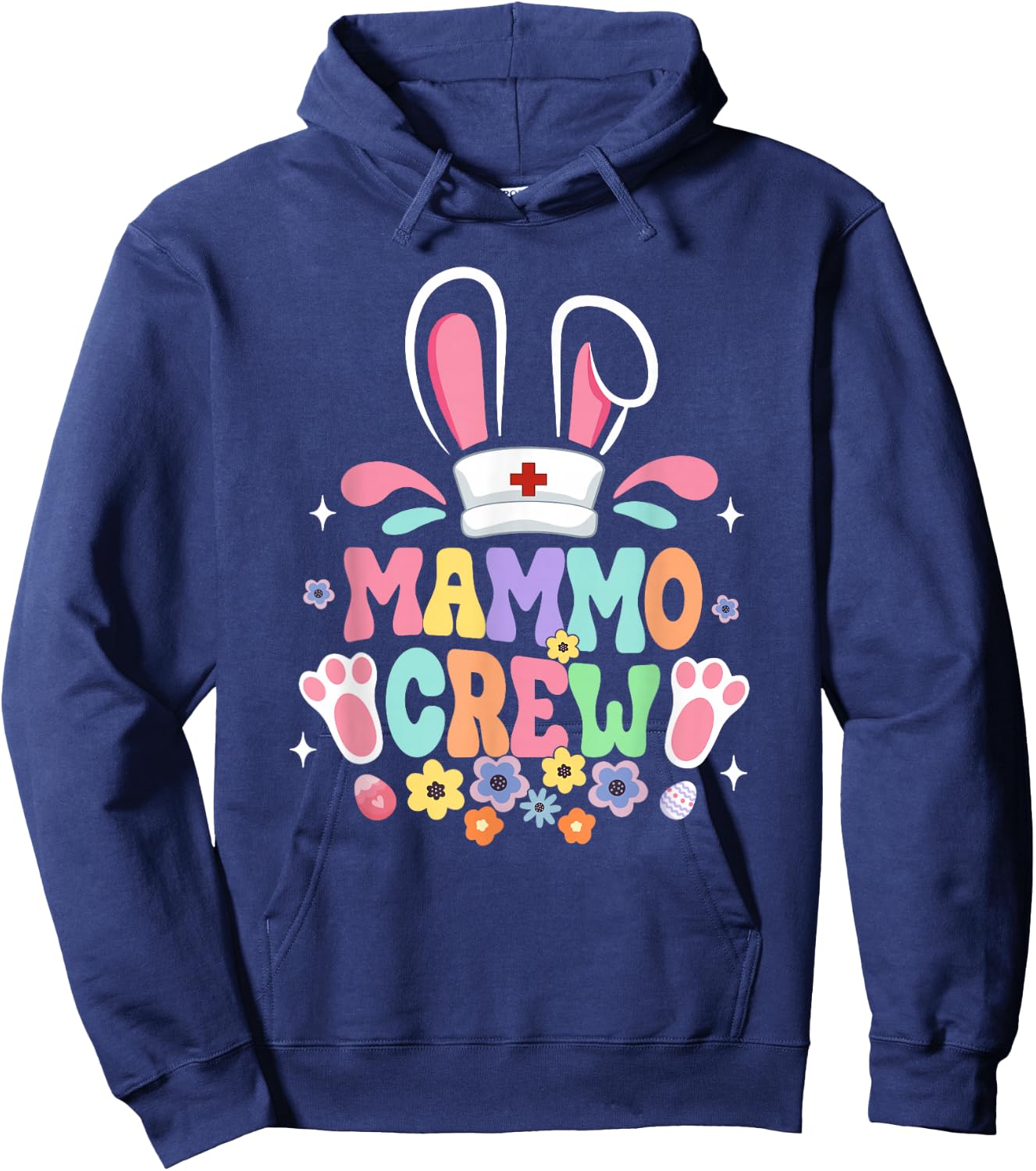 Retro Groovy Mammo Crew Mammo Tech Bunny Ear Flower Easter Hoodie - Hoodie | Navy