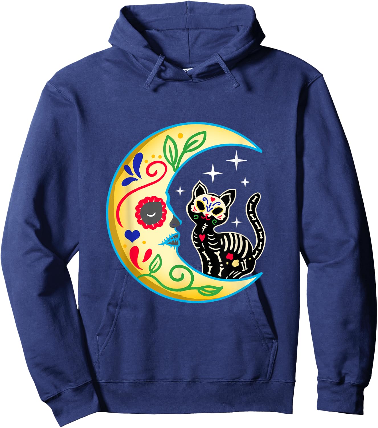 Cat & Moon Sugar Skull Dia de Los Muertos Day of The Dead Men Women Girls Kids Hoodie - Hoodie | Navy
