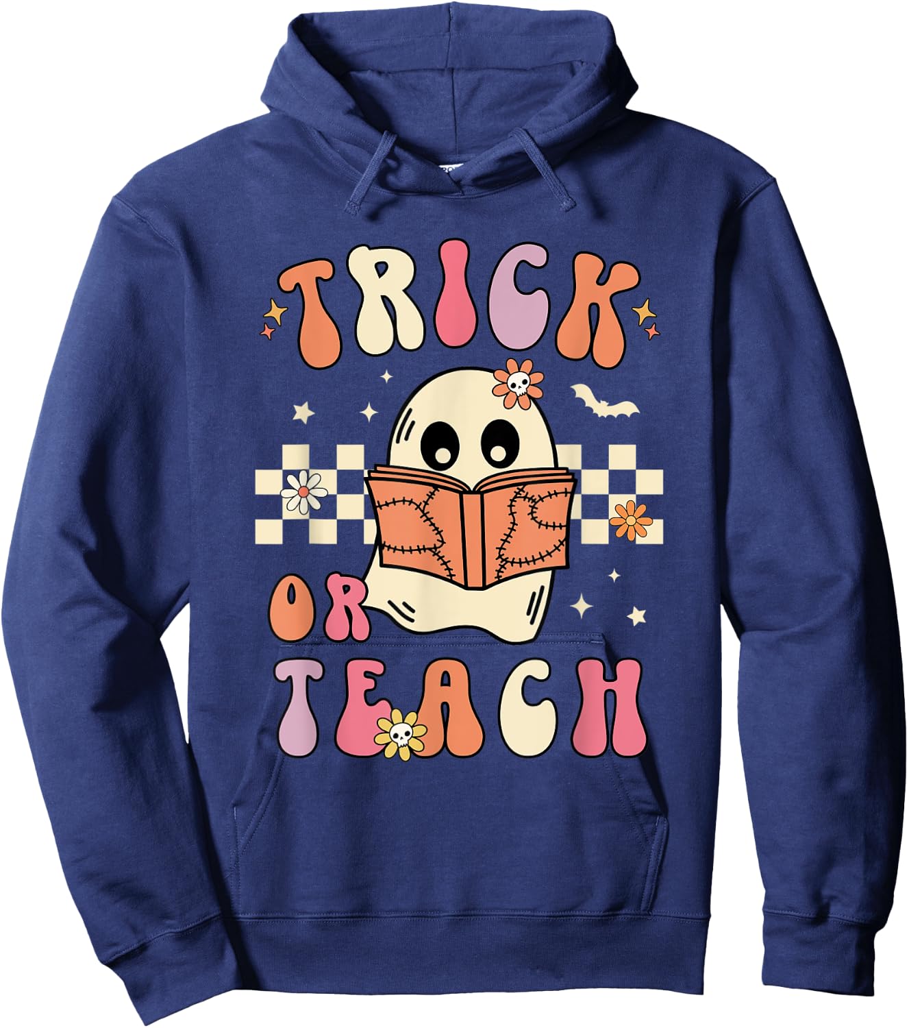 Groovy Halloween Trick or Teach Retro Floral Ghost Teacher Men Women Hoodie - Hoodie | Navy