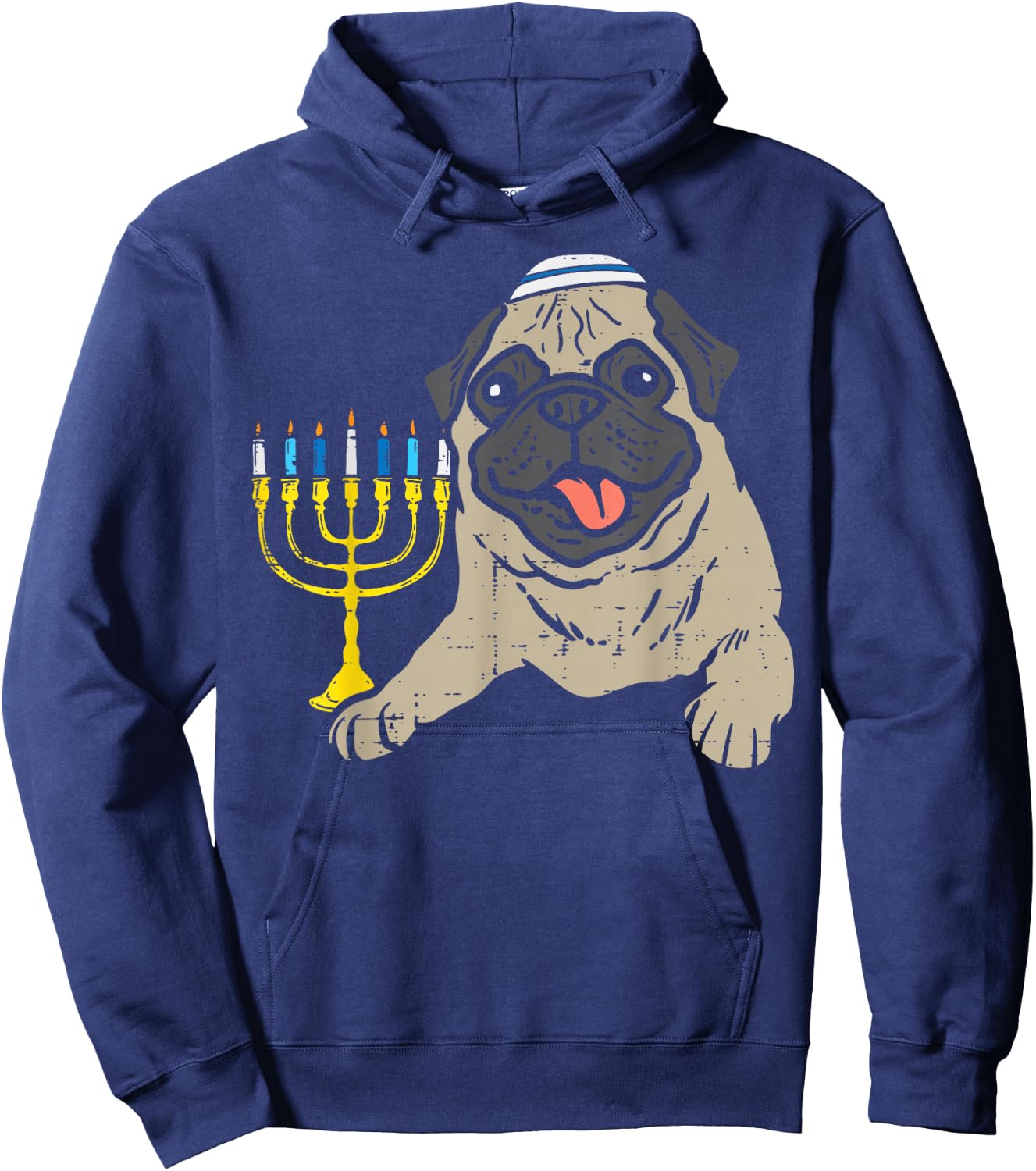 Jewish Pug Dog Menorah Hanukkah Pajamas Chanukah PJs Hoodie - Hoodie | Navy
