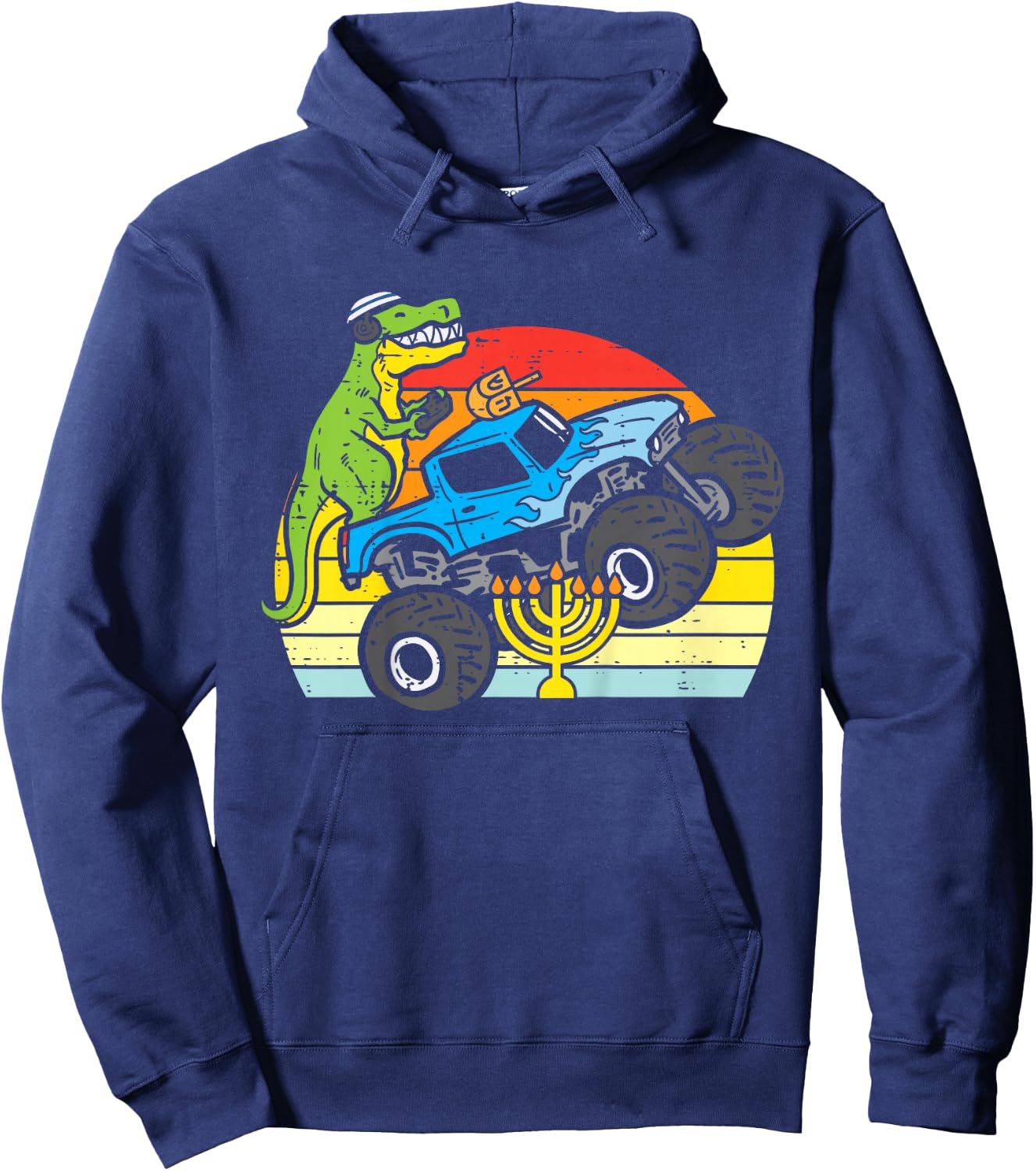 Kids Trex Dino Monster Truck Menorah Boys Hanukkah Toddler Kids Hoodie - Hoodie | Navy