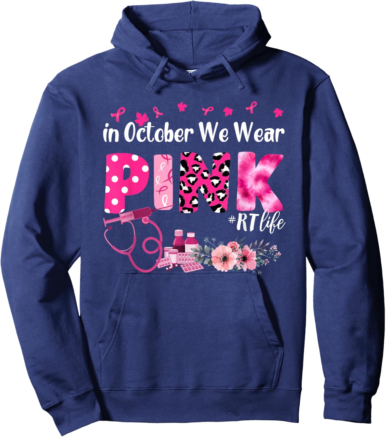 In October We Wear Pink Respiratory Therapist Breast Cancer Hoodie - Hoodie | Navy
