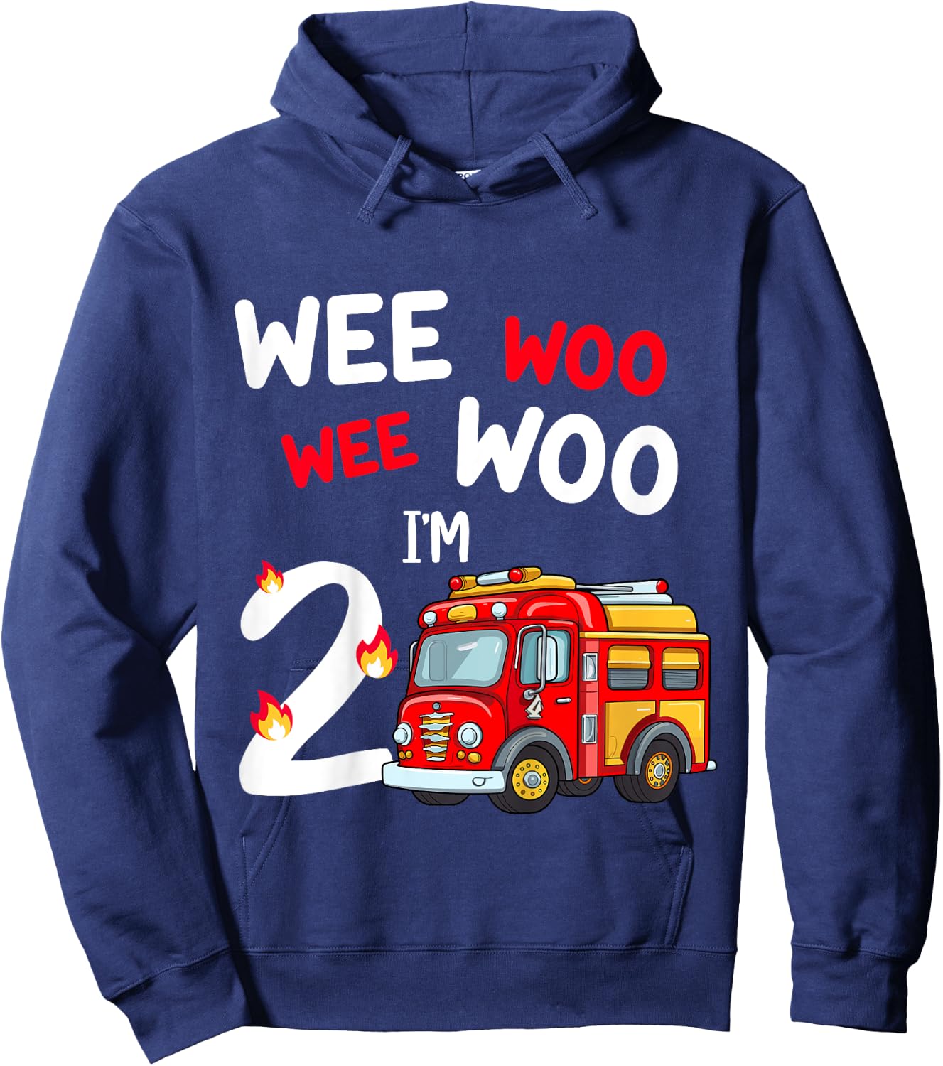 Kids Wee Woo I'm 2 Years Old Red Fire Truck Boys 2nd Birthday Hoodie - Hoodie | Navy