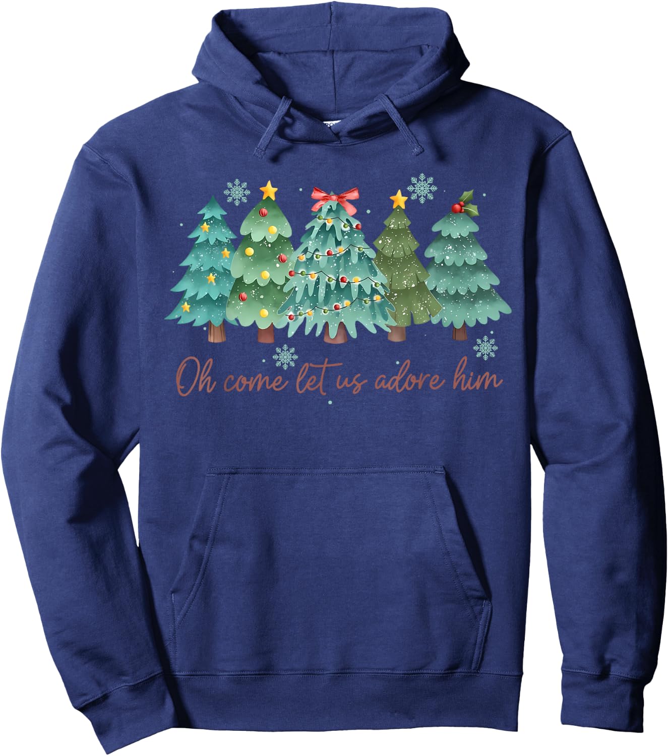 Oh Come Let US Adore Him Funny Christian Christmas Tree Bow Hoodie - Hoodie | Navy
