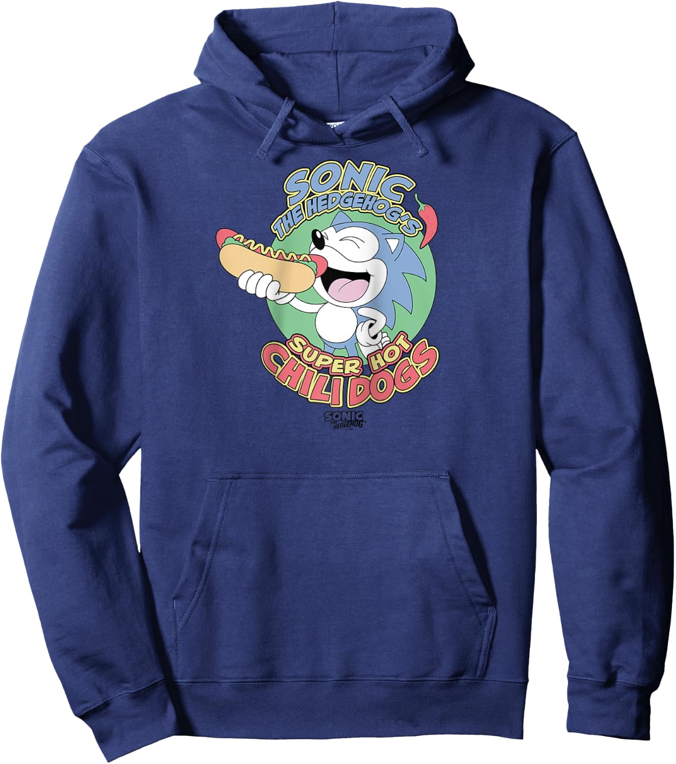 Sonic The Hedgehog Super Hot Chili Dogs Retro Ad Raglan Baseball Hoodie - Hoodie | Navy