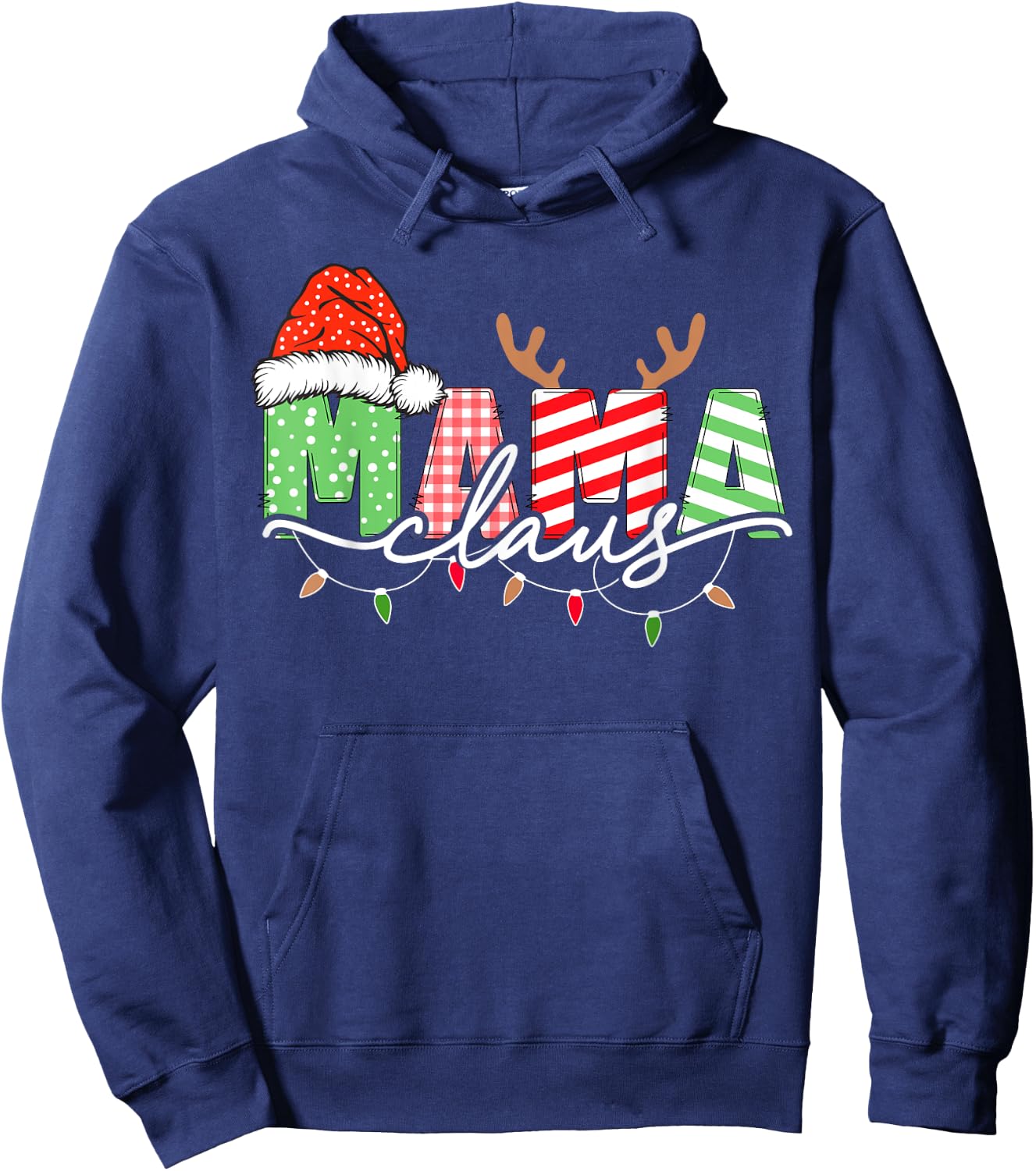 Mama Claus Xmas Christmas Lights Pajama Family Matching Hoodie - Hoodie | Navy
