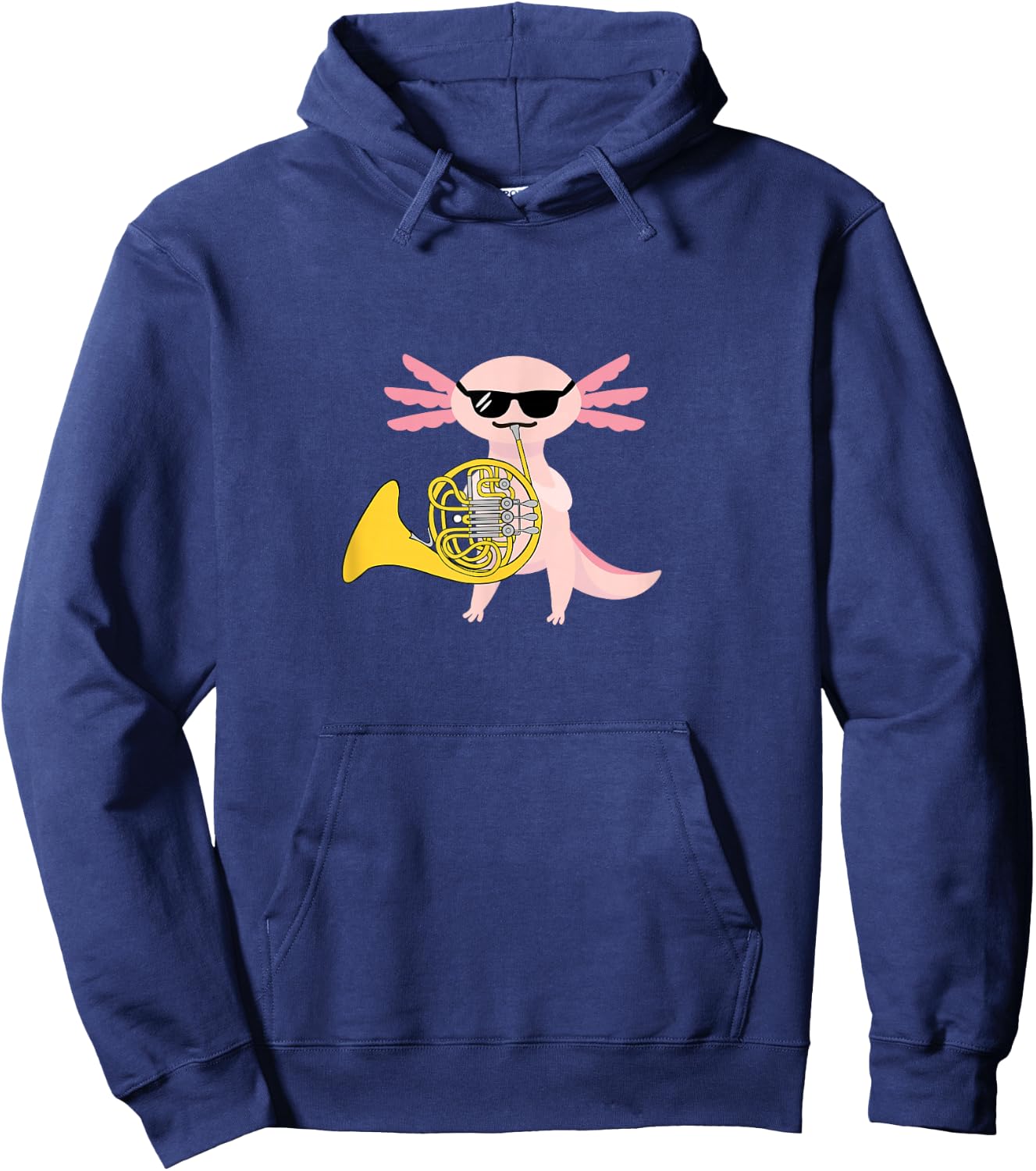Funny Axolotl Wearing Sunglasses Playing French Horn Hoodie - Hoodie | Navy