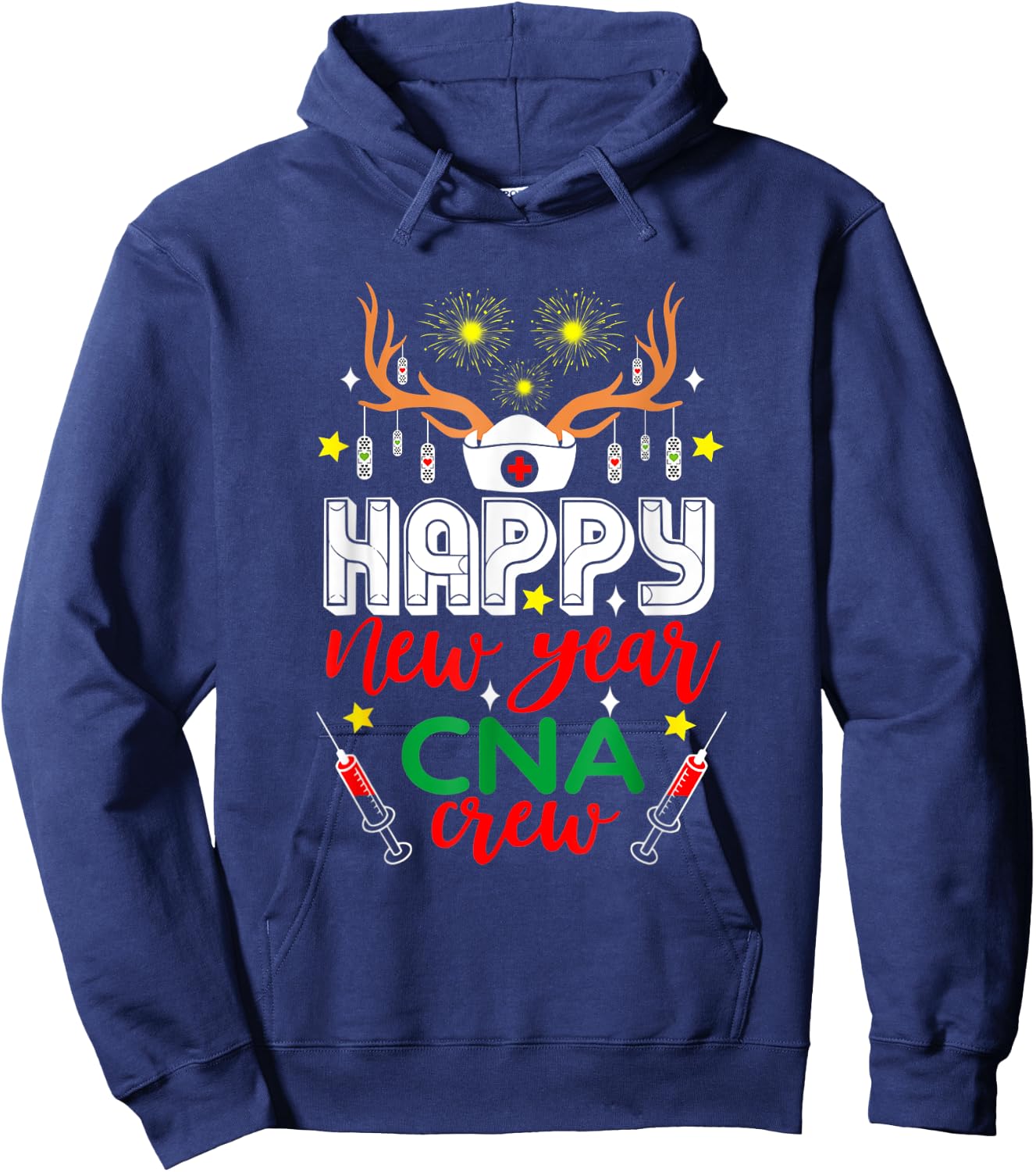 Funny Reindeer Horn Nurse Christmas Happy New Year CNA Crew Hoodie - Hoodie | Navy