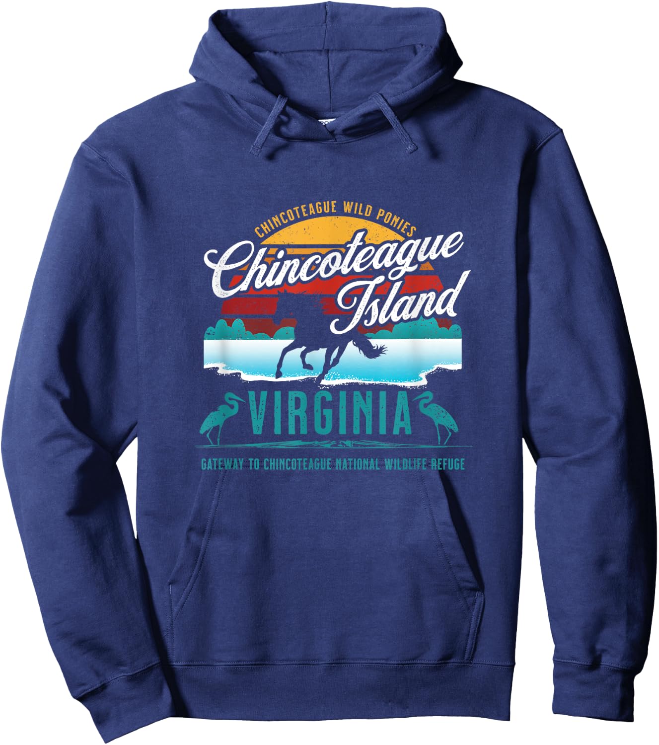 Chincoteague Island Virginia Wild Ponies Retro Sun Souvenir Hoodie - Hoodie | Navy