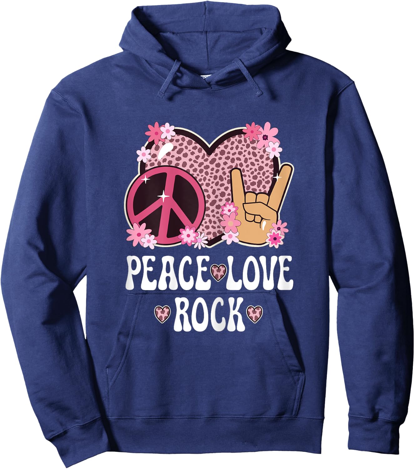 Peace Love Rock And Roll Cheetah Print Women Rock Outfit Hoodie - Hoodie | Navy