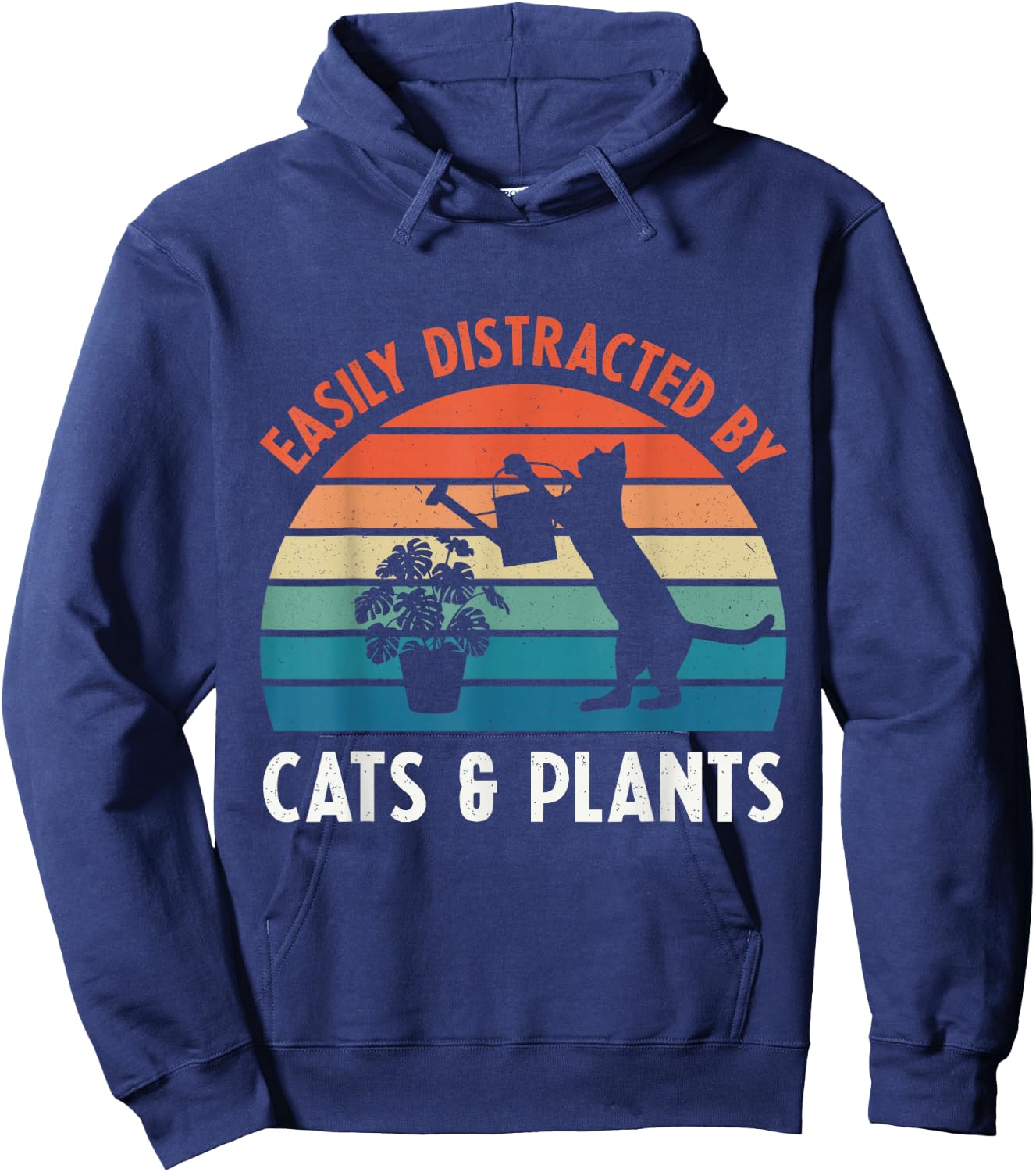 Easily Distracted By Cats & Plants Funny Gardening Cat Lover Hoodie - Hoodie | Navy