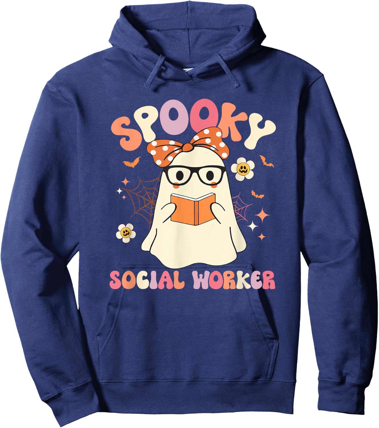 Groovy Spooky Social Worker Ghost Vintage Halloween Costume Hoodie - Hoodie | Navy