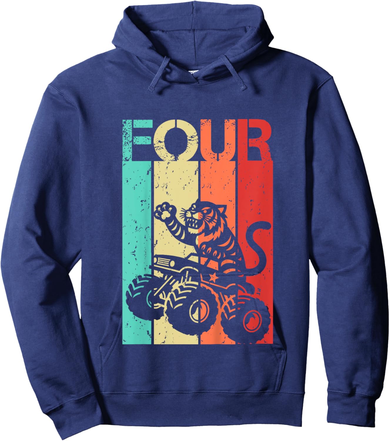Kids 4th Birthday Boy Girl 4 Year Old Tiger And Monster Truck Hoodie - Hoodie | Navy