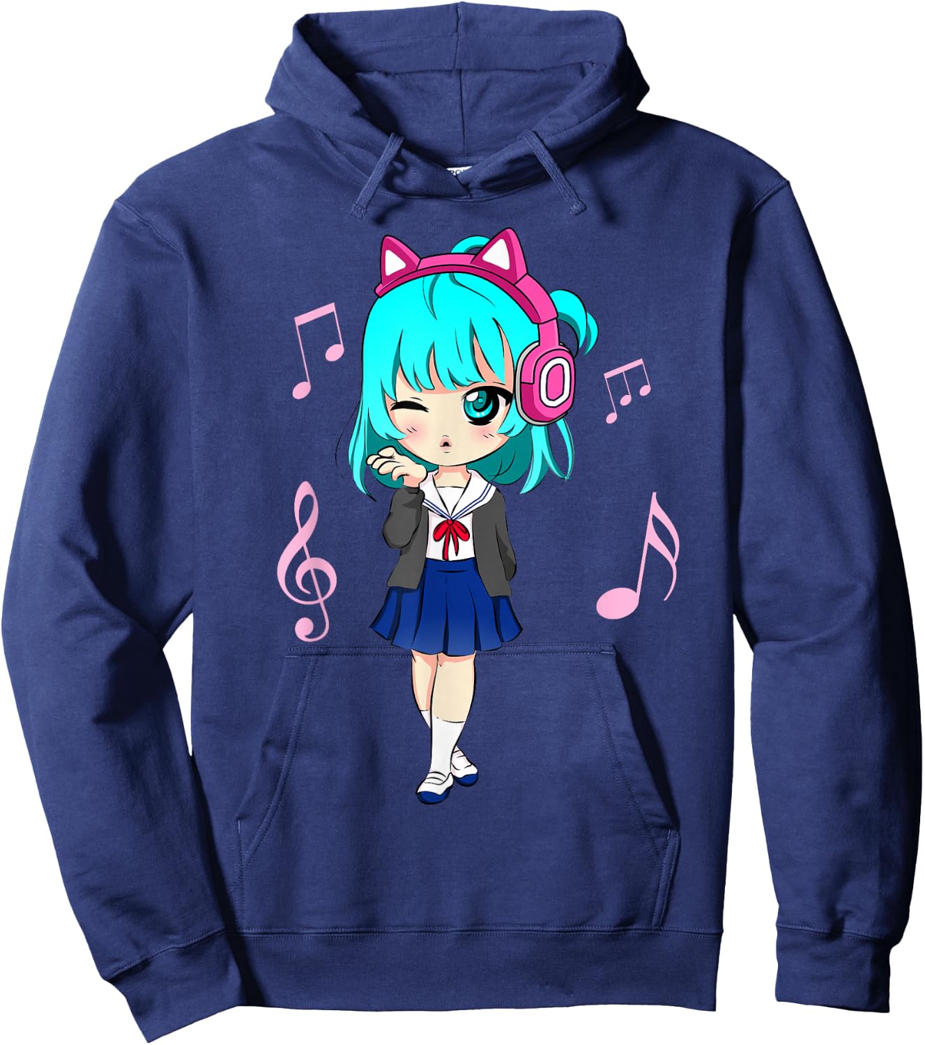Funny Anime and Music Girl for Teen Chibi Graphic Anime Girl Small Hoodie - Hoodie | Navy
